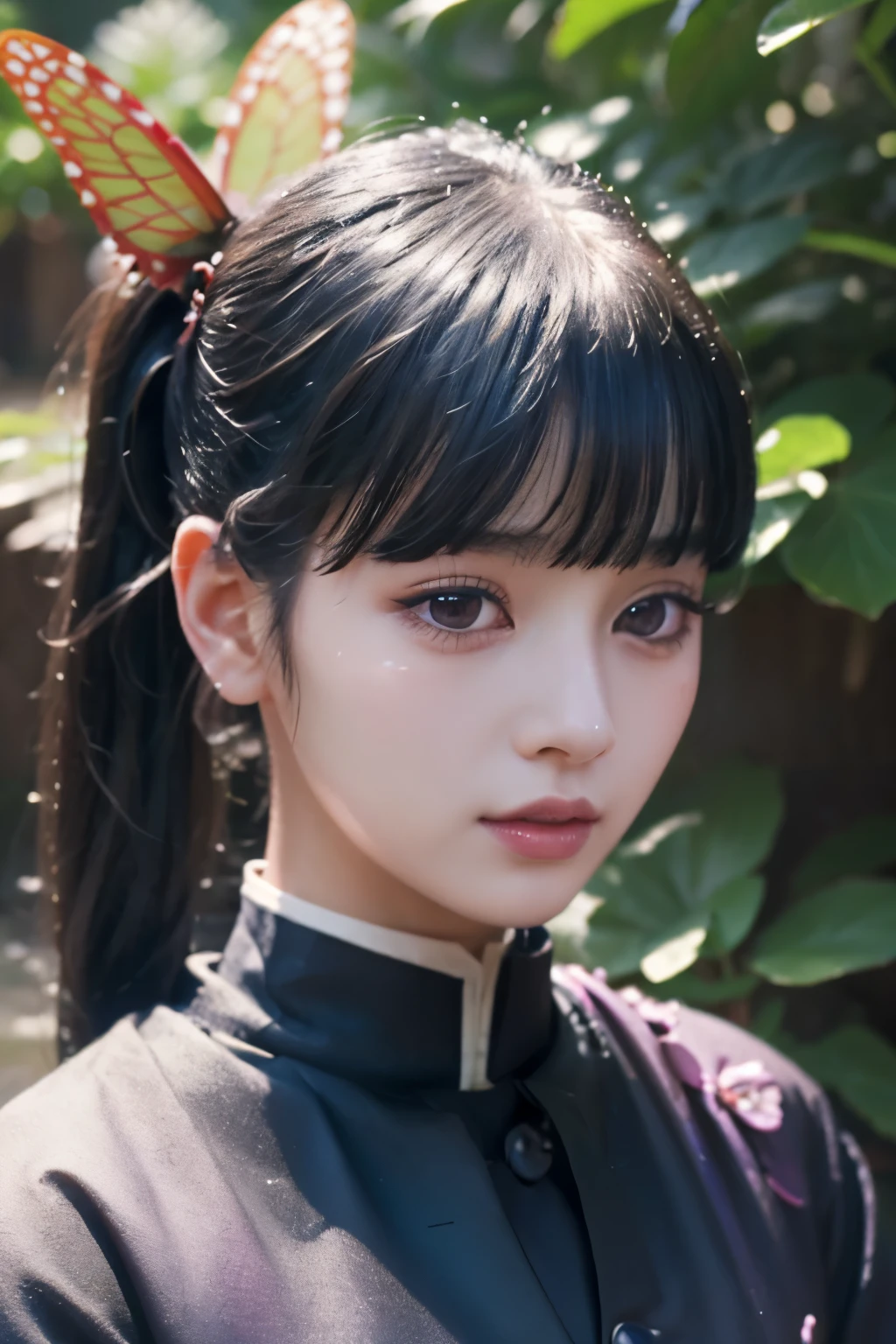 A beautiful, detailed and realistic portrait of Kanao Tsuyuri, with extremely detailed eyes, long eyelashes, beautiful detailed lips, and an exquisitely rendered face. Side ponytail with butterfly