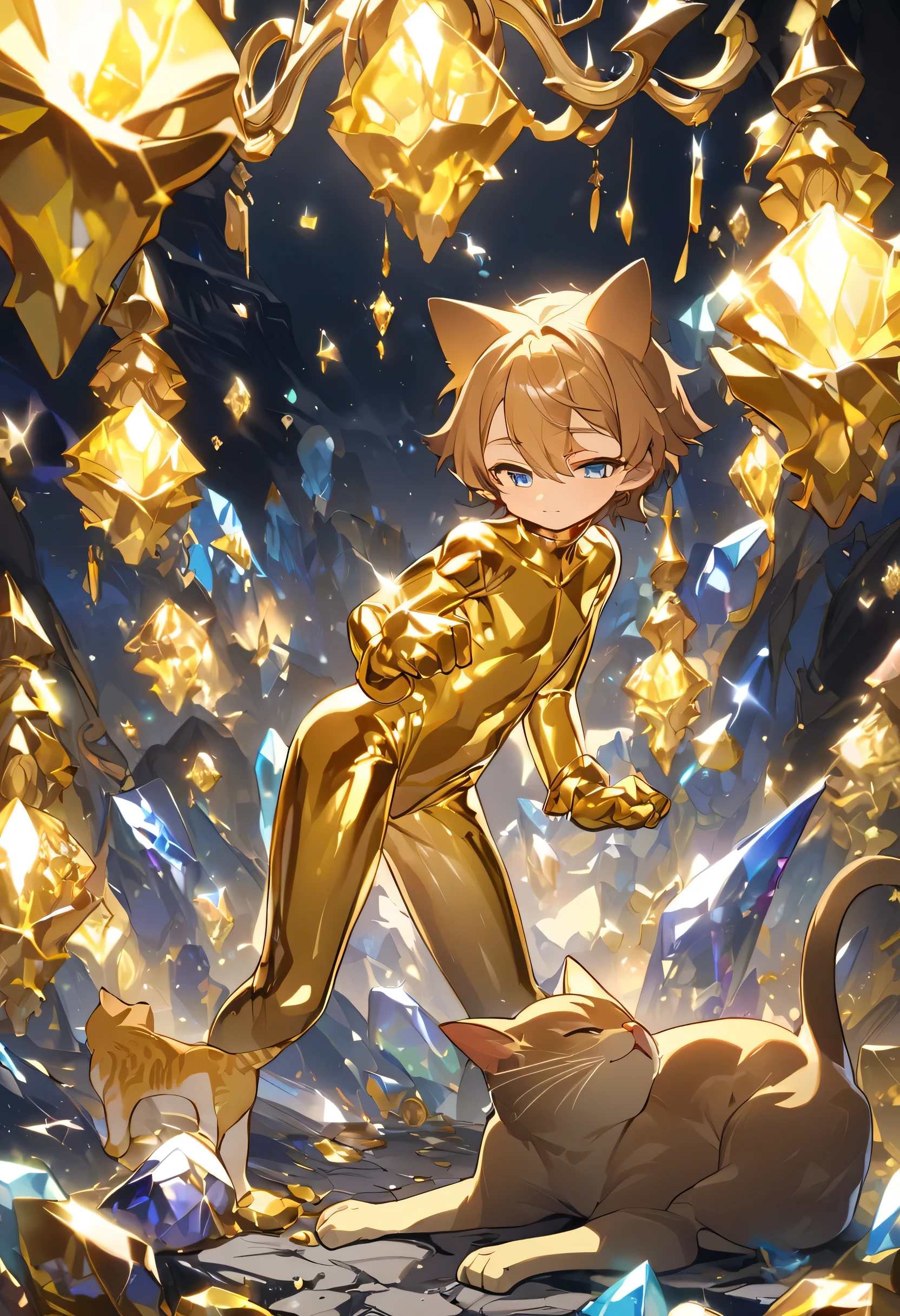 Little male cat,boys,Has a tail,charming,Thin,struggle,eternal,gold,Gold,gold crystal,Blue slime,Feet turn into gold,Hands turn into gold,gold spread feet,Gold feet,gold hand,illumination,freeze,freeze,Feet are frozen,charming,Boys ,Golden crystal feet,Wear tights,plastic,Full body portrait,Smooth,full-body tights,Thin,Gold gel coat,Full body gel coating,Gold gel coat,No clothes,rubber body,golden arms,Golden legs,Golden clothes,The whole body is golden
