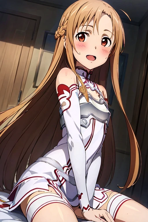 ((Best Quality)), ((masterpiece)), (be familiar with), Perfect Face, indoor, bedroom, Watching the audience,
One woman, Yuuki Asuna,
Open Mouth, Ecstatic expression, blush, smile,
Small breasts, Flat Chest, , , child, Girl,
Long Hair, Long Hair,
Leg spread,