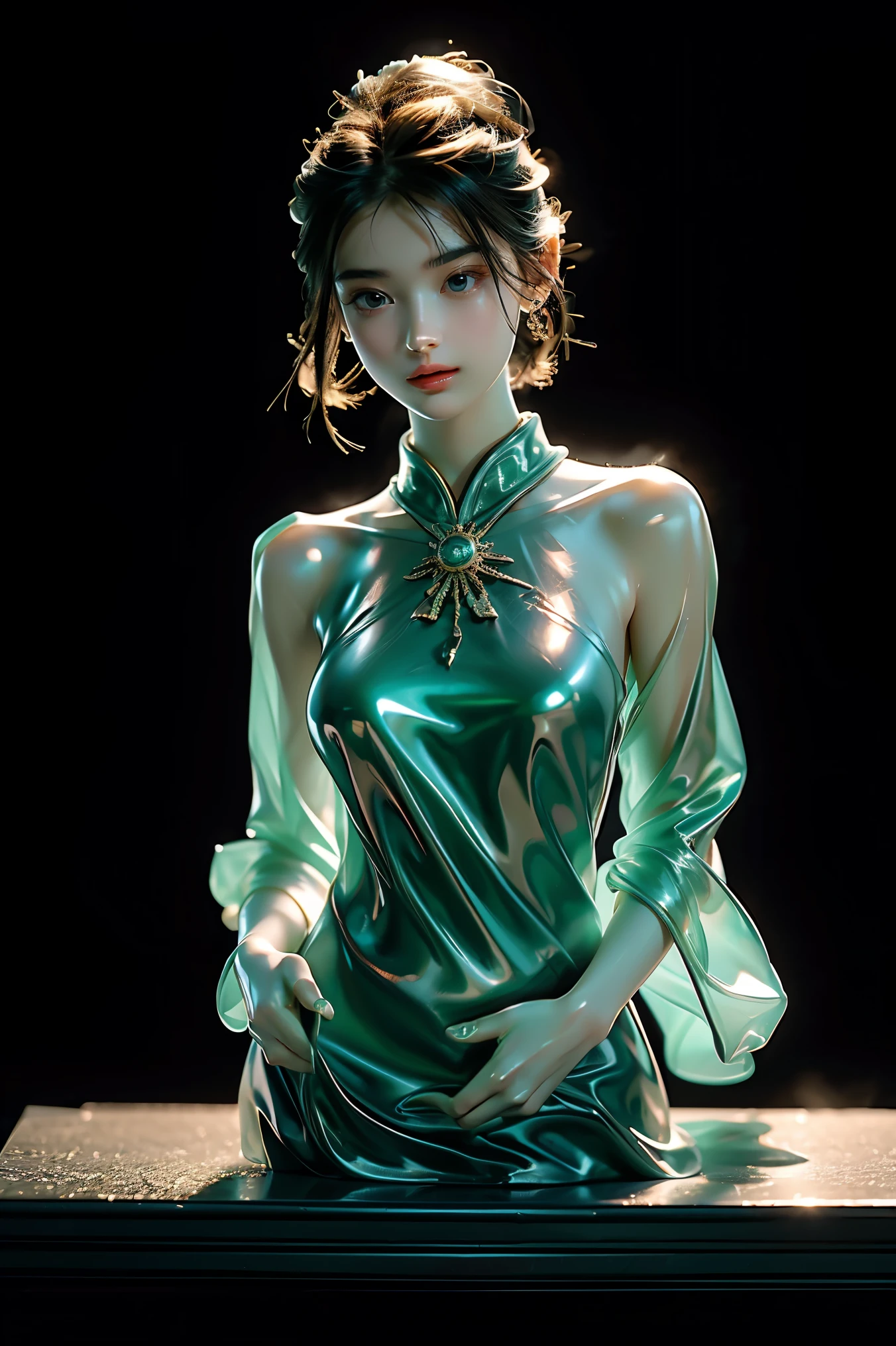 (((HD Photos))), Ultra-high resolution.Realistic: 1.4, masterpiece,Best Quality, Realistic, photoRealistic, (Subtle details), (Cinematic Light, Super  short hair,Small breasts、Young face)、((色っぽいFigure skating用コスチューム、Super beautiful girl))、Figure skating、Taking a spin on the rink、jade jade sculpture
