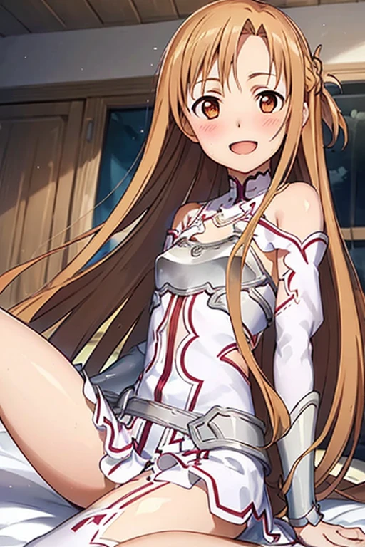 ((Best Quality)), ((masterpiece)), (be familiar with), Perfect Face, indoor, bedroom, Watching the audience,
One woman, Yuuki Asuna,
Open Mouth, Ecstatic expression, blush, smile,
Small breasts, Flat Chest, , , child, Girl,
Long Hair, Long Hair,
Leg spread,