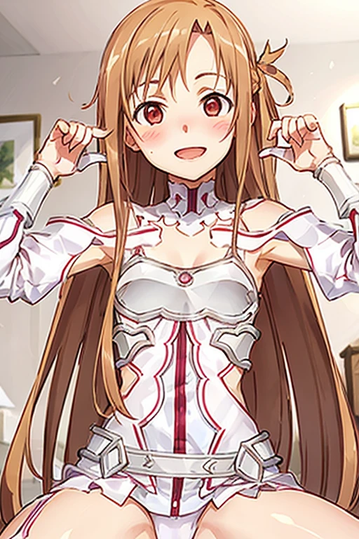 ((Best Quality)), ((masterpiece)), (be familiar with), Perfect Face, indoor, bedroom, Watching the audience,
One woman, Yuuki Asuna,
Open Mouth, Ecstatic expression, blush, smile,
Small breasts, Flat Chest, , , child, Girl,
Long Hair, Long Hair,
Leg spread,