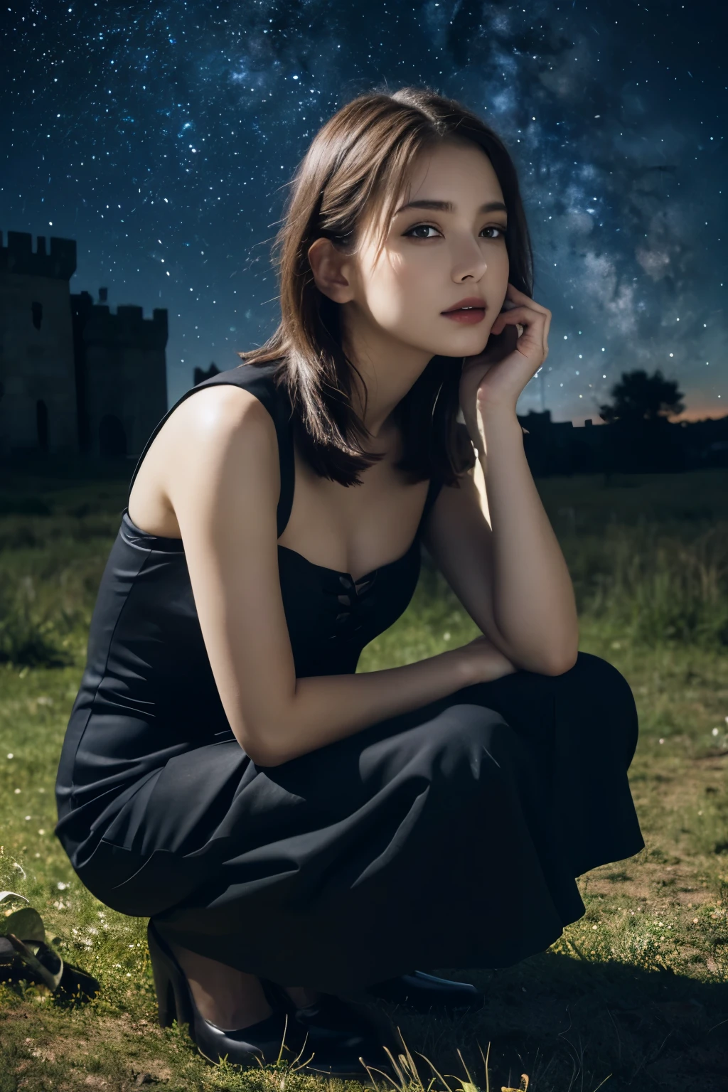 1 girl, (She is wearing a gothic black dress.:1.2), Very beautiful Japanese idol portraits, (RAW Photo Best Quality), (Realistic, Realistic:1.4), (masterpiece:1.4), 
Very delicate and beautiful, Very detailed, 2k wallpaper, wonderful, finely, Very detailed CG Unity 8K wallpaper, Very detailed, High resolution, Soft Light, 
Beautiful detailed girl, Very detailed目と顔, Beautiful and elegant nose Beautiful and beautiful eyes, Cinema Lighting, 
(She is standing in front of an abandoned medieval castle:1.3), (Night Sky, milky way), (Girl full body silhouette:1.2), (Dark screen:1.5), (Desolate landscape), (I am so lonely),
(Medium Hair), (Hair blowing in the wind), (squat:1.5),
Perfect Anatomy, Slender body, Small breasts
