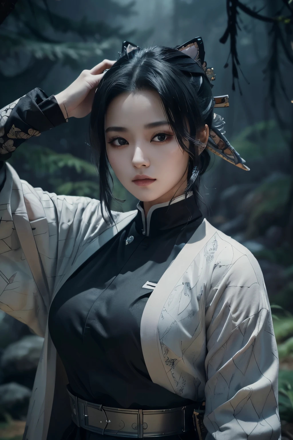 A detailed, beautiful shinobi woman, intricate detailed face, piercing eyes, elegant expression, long flowing black hair, detailed clothing with complex patterns, samurai armor, katana sword, mist covered forest background, cinematic lighting, dark moody colors, dramatic lighting, photorealistic, 8k, best quality, masterpiece