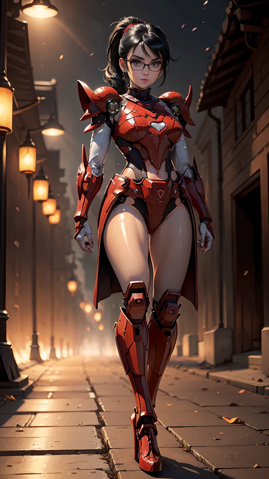 Full body, (1mecha girl:1.3, solo), (Audrey Hepburn:1.3), (a extremely pretty and beautiful woman), 30 years, (sexy girl), (muscle girl, athletic body), (professional attire:1.3), (2: 1.1), (walking on red carpet:1.3), (attractive random posing:1.3), (in the night royal party:1.3), (looking straight at you:1.3), (starring at you:1.3), (front view:1.3),  break, (ponytail:1.3), (shiny-black thin hair:1.2), bangs, dark brown eyes, beautiful eyes, princess eyes, (big eyes:1.3), bangs, wearing a glasses:1.3, Hair between eyes, short hair:1.3, (slender:1.1), big breasts, (thin waist: 1.15), (detailed beautiful girl: 1.4), Parted lips, Red lips, full-make-up face, (shiny skin), ((Perfect Female Body)), Perfect Anatomy, Perfect Proportions, (most beautiful actress face:1.3, extremely cute and beautiful actress face:1.3), (bikini samurai armor), BREAK, (View viewer, wearing a lovely bitch cordinate, (insanely detailed shiny-red cyborg body armor :1.3), (armor:1.3), (pin-heels:1.3), detailed clothes, BREAK, (detailed royal night  background:1.2), (dark background), (Studio soft lighting: 1.3), (fake lights: 1.3), (backlight: 1.3), BREAK, (Realistic, Photorealistic: 1.37), (Masterpiece, Best Quality: 1.2), (Ultra High Resolution: 1.2), (RAW Photo: 1.2), (Sharp Focus: 1.3), (Face Focus: 1.2), (Ultra Detailed CG Unified 8k Wallpaper: 1.2), (Beautiful Skin: 1.2), (pale Skin: 1.3), (Hyper Sharp Focus: 1.5), (Ultra Sharp Focus: 1.5), (Beautiful pretty face: 1.3), (super detailed background, detail background: 1.3), Ultra Realistic Photo, Hyper Sharp Image, Hyper Detail Image, (Computer Generated Imagery) and VFX (Visual Effects) perfectly enhance the intricate anatomical features. SFX complement the visual art, immersing the viewer. The level of detail is awe-inspiring, with intricate elements meticulously crafted, the art hyper-maximalist and hyper-realistic. Volumetric effects add depth and dimension, and the photorealism is unmatched. The image is rendered in 8K resolution, ensu