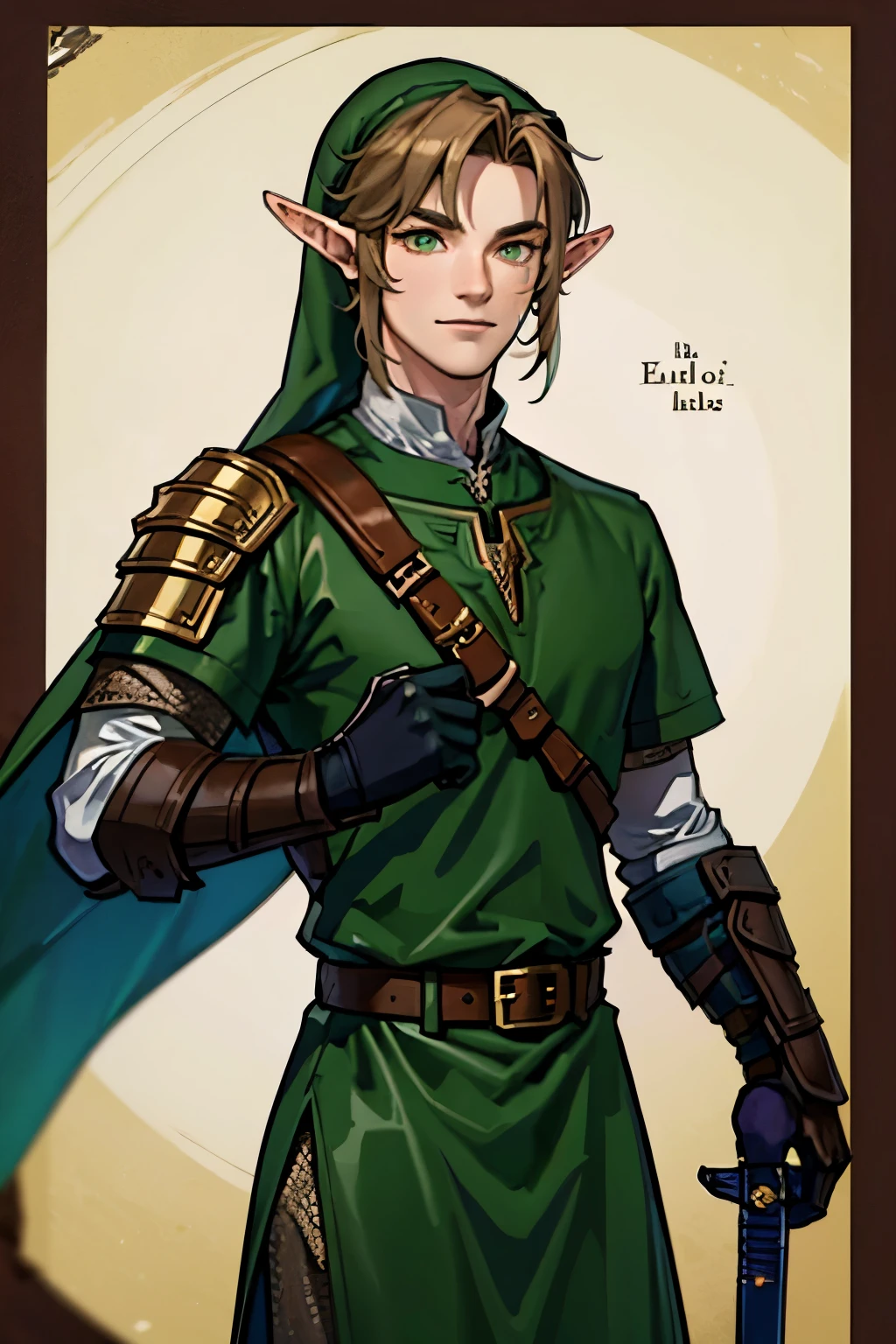 high detailed half-elf male, elf, brown_hair messy_hair smiling_face, green_eyes, scar_across_eye, pointed_ears, tan, armor breastplate blue_cape, leather_gloves, belt, belt_pounch, sword, sheath, paladin knight, simple_background, male_focus, portrait, solo ,link,(muscular:0.6), dark green uniform, standing tall, standing straight, looking at viewer