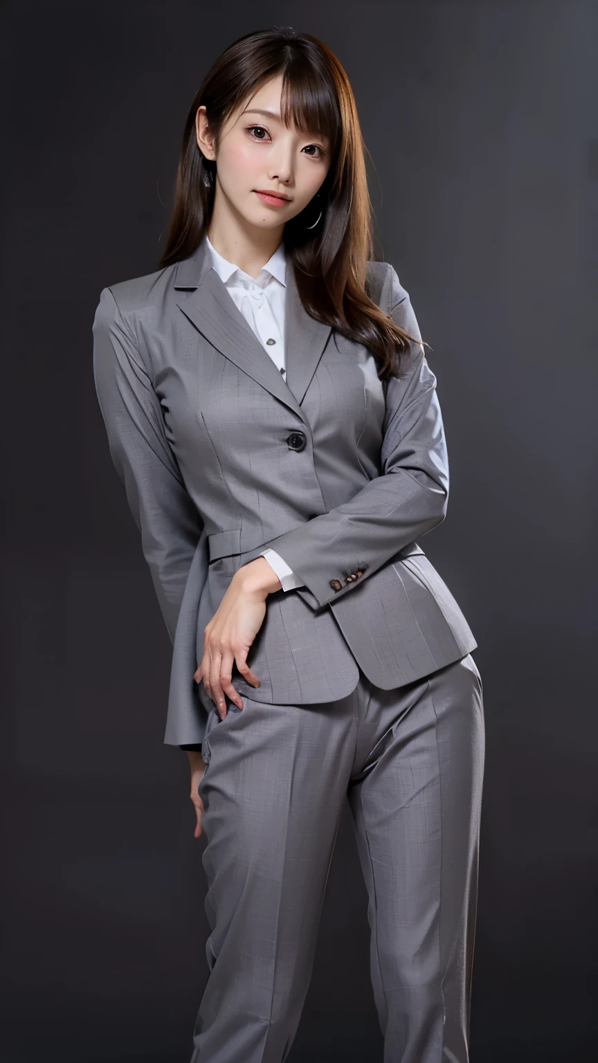 Best Quality, masterpiece, Ultra-high resolution, (Realistic:1.4), RAW Photos, Very detailed, Perfect Anatomy, One Woman, Age 25, ((Wearing dark grey business suit pants with buttocks facing up:1.4)), Shut your mouth., Show me your ass, ((Very beautiful brown hair, Long Hair)), (bangs),Very beautiful slender body, Very beautiful breasts, (Very beautiful ass in business suit pants), Very beautiful slim thighs, Very beautiful realistic skins, (Beautiful big ass), Beautiful thighs, ((Full body photo)), (barefoot)