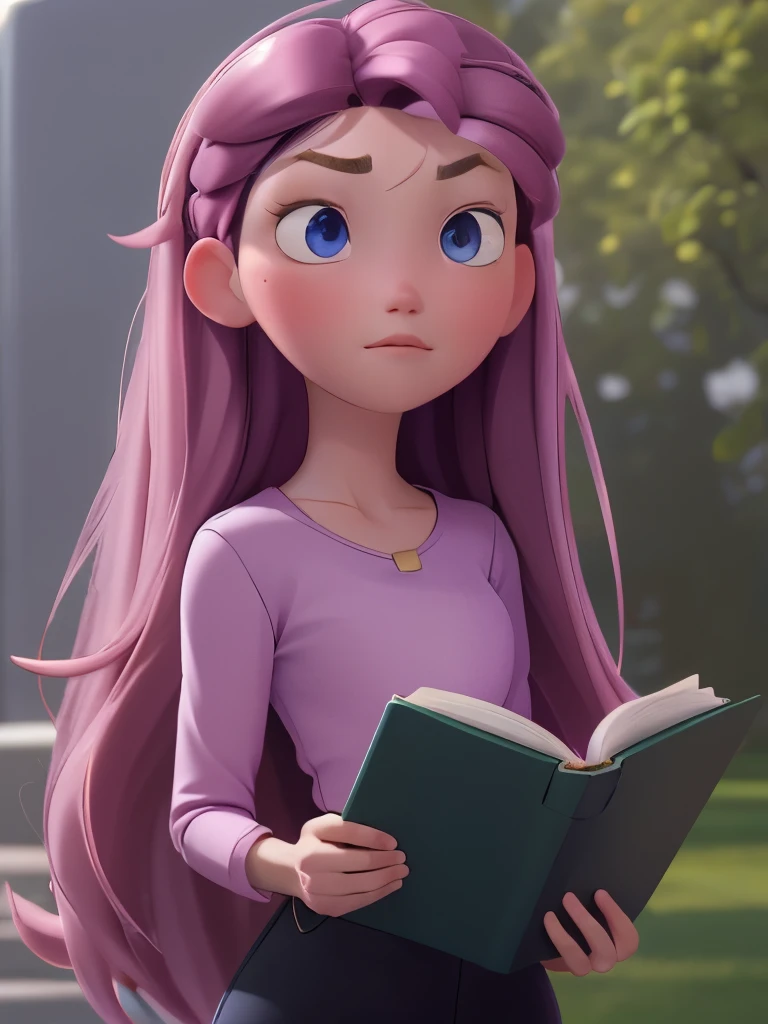 (best quality:1.4),(shiny skin), body focus, (cute face), (((best quality))), illustration, ((Beautiful Finger)), , Beautiful body, Beautiful character design, ,perfect lighting, Colorful, Bright_Front_face_Lighting, ultra high res, highres, absurdres:1.2, bokeh:1.2, lens flare, (vibrant_color:1.2), (Beautiful, medium breasts:1.2), (thick thighs:1.1), THICK,
holding green folder or book, small nose, long black hair with pink hair clip, purple shirt, looking sideways, pink blush on cheeks, large blue eyes, white left eye with black pupil visible