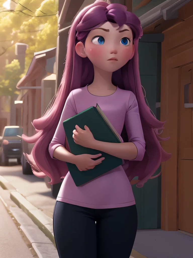 (best quality:1.4),(shiny skin), body focus, (cute face), (((best quality))), illustration, ((Beautiful Finger)), , Beautiful body, Beautiful character design, ,perfect lighting, Colorful, Bright_Front_face_Lighting, ultra high res, highres, absurdres:1.2, bokeh:1.2, lens flare, (vibrant_color:1.2), (Beautiful, medium breasts:1.2), (thick thighs:1.1), THICK, 
holding green folder or book, small nose, long black hair with pink hair clip, purple shirt, looking sideways, pink blush on cheeks, large blue eyes, white left eye with black pupil visible