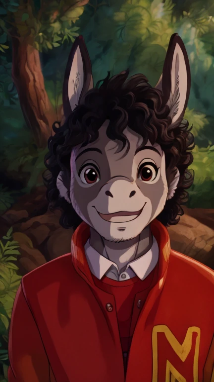 (1girl, solo, furry, donkey), highly insanely detailed, masterpiece, top quality, best quality, highres, 4k, 8k, RAW photo),((innocent look)),((ghibli style)),From the front, symmetrical composition,smile,cute,Innocent,Kind eyes,Flat chest,digital art Style, forest landscapes of other worlds, (mjthriller),front view, Upper body, short curly hair, red jacket, white t-shirt, dark skinned male,