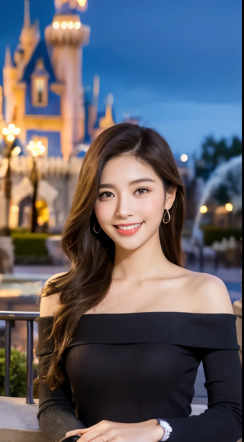 ((night scene, realistic light, best quality, 8K, Masterpiece: 1.3)), 1 woman, slim body beauty: 1.4, brown hair, (big: 1.3), off shoulder cut top: 1.3, Extraordinarily detailed face, Detailed eyes, Double eyelids, Disneyland, fountain, castle, fireworks, smile, rift
