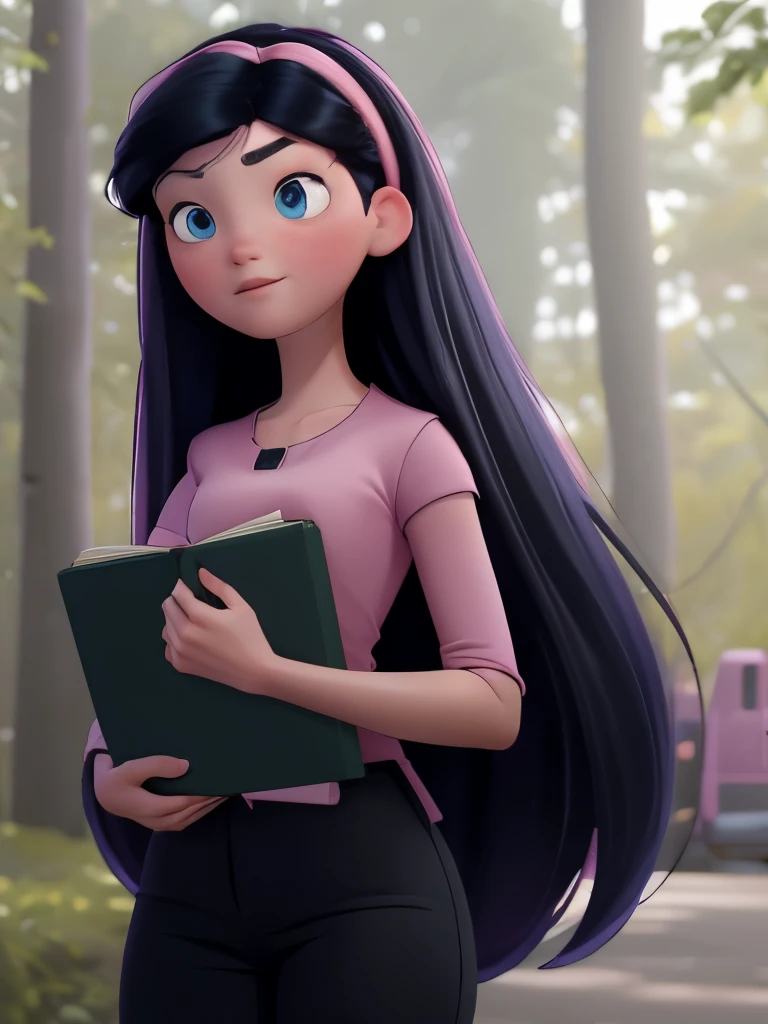 (best quality:1.4),(shiny skin), body focus, (cute face), (((best quality))), illustration, ((Beautiful Finger)), , Beautiful body, Beautiful character design, ,perfect lighting, Colorful, Bright_Front_face_Lighting, ultra high res, highres, absurdres:1.2, bokeh:1.2, lens flare, (vibrant_color:1.2), (Beautiful, medium breasts:1.2), (thick thighs:1.1), THICK,
holding green folder or book, small nose, long black hair with pink hair clip, purple shirt, looking sideways, pink blush on cheeks, large blue eyes, white left eye with black pupil visible