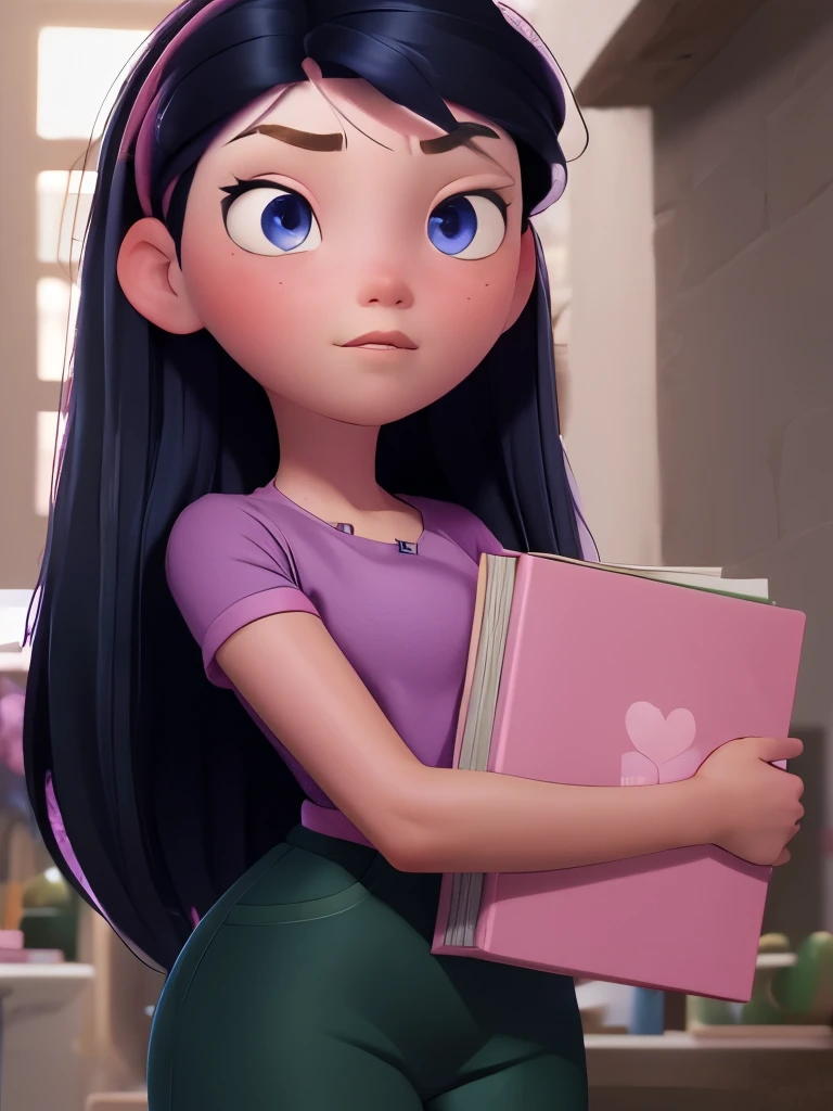 (best quality:1.4),(shiny skin), body focus, (cute face), (((best quality))), illustration, ((Beautiful Finger)), , Beautiful body, Beautiful character design, ,perfect lighting, Colorful, Bright_Front_face_Lighting, ultra high res, highres, absurdres:1.2, bokeh:1.2, lens flare, (vibrant_color:1.2), (Beautiful, medium breasts:1.2), (thick thighs:1.1), THICK,
holding green folder or book, small nose, long black hair with pink hair clip, purple shirt, looking sideways, pink blush on cheeks, large blue eyes, white left eye with black pupil visible