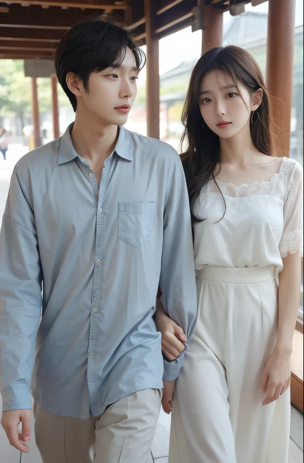 man and woman, korean couple, walking, clear face, beautiful face, perfect anatomy, mid shoot