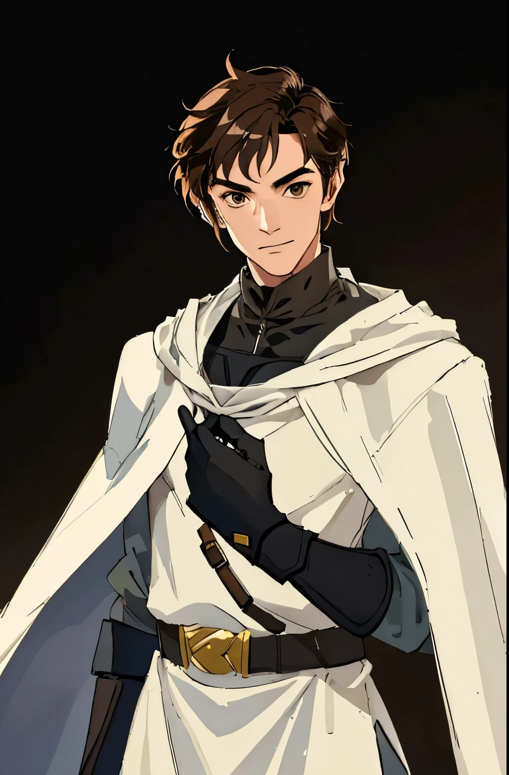 kk, best quality, more details, masterpiece, 1boy, man, male focus, solo, simple background, M, white assassin's cloak, brown eyes, short hair, black hair, smile, Looking at viewer, Luxury, 8k, Detail, ray tracing, Depth of field, Cinematic lighting, Simple brown lines, simplified, (link:1.3), (muscular:0.4), adult, male, masculine, strong, dominant, (gloves:1.3), chest belt, masculine face