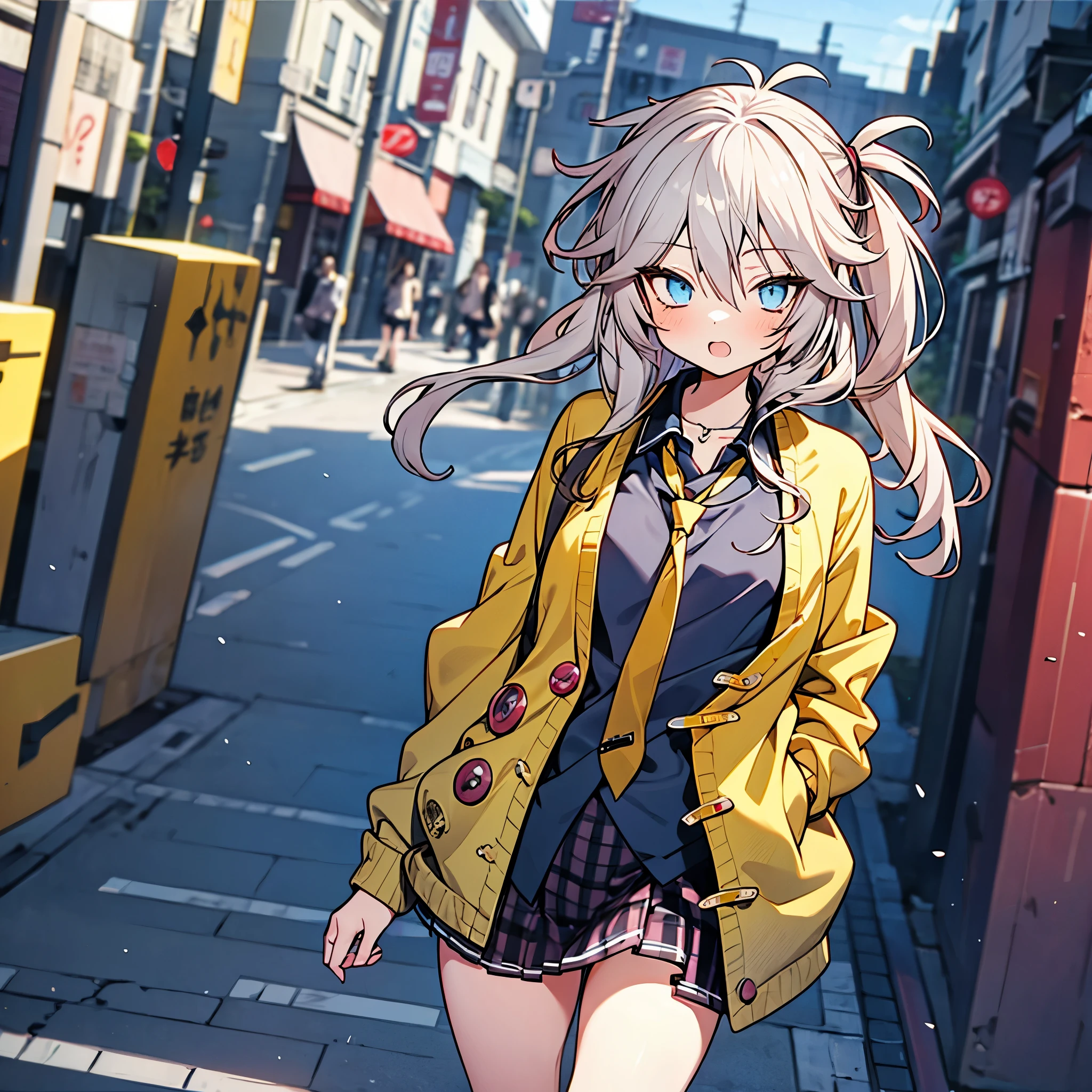 masterpiece, Best Quality, Perfect Face, Highest Resolution, Best Quality,Detailed depiction of the eyes, 8k, kasukabe tsumugi, One Girl, Black shirt, Yellow tie, Yellow cardigan, plaid skirt, Walking in the downtown area, Perfect Anatomy