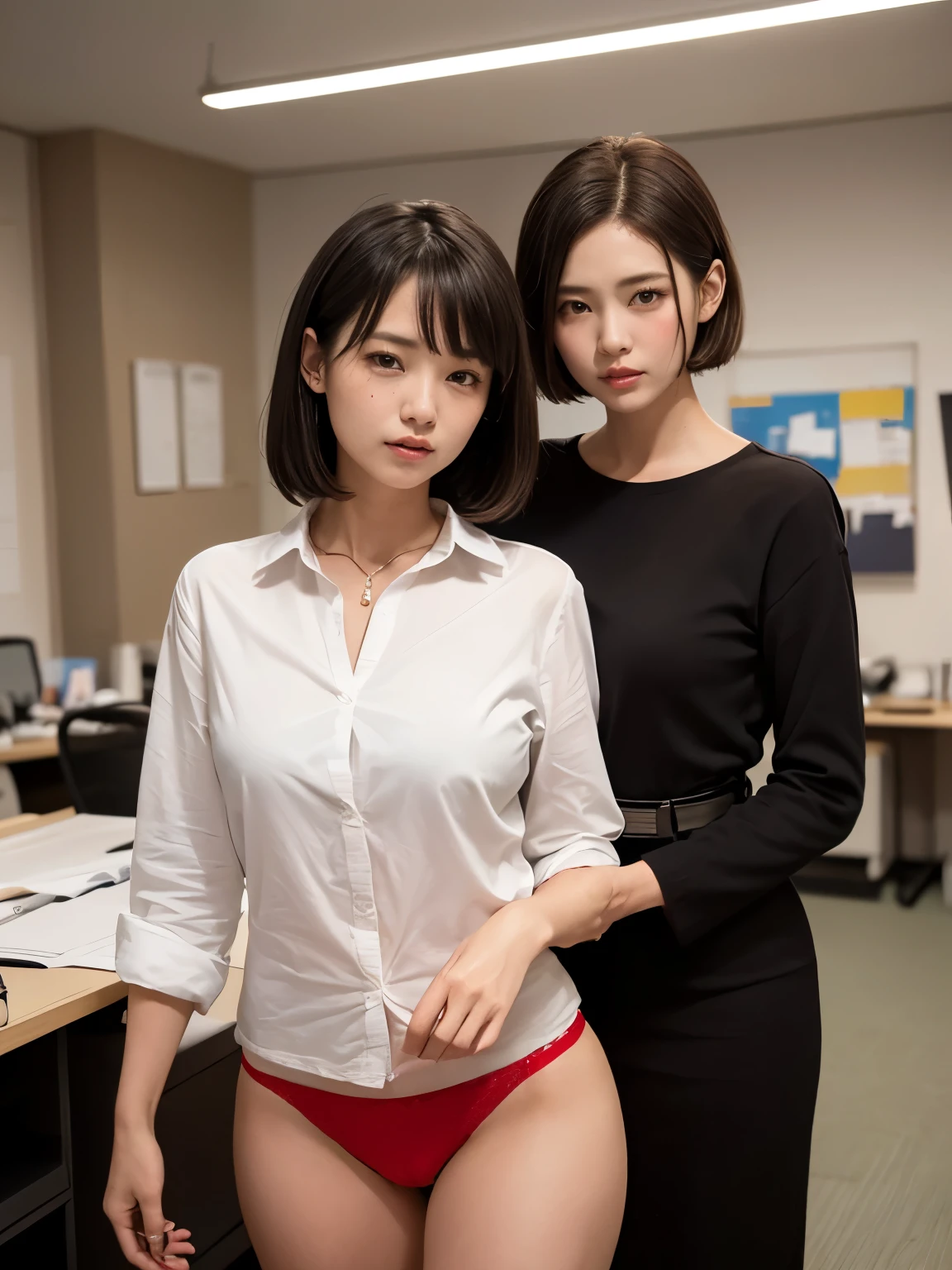 8k, RAW Portrait (Japanese women),masterpiece、Realistic:1.2、Realistic, Ultra-high resolution, Best Quality, Real Life Photos ,( In the evening :1.1), ((((1 female:1.5)))), (((Two girls showing off their panties Inside the room)))、(Cute face:1.3)、Japanese women,((Office Lady))、((本物のOffice Lady))、((Business Art:1.6))、 Short Hair,、Inside the room、 、big, beautiful, beautiful目, Black Hair,(Written boundary depth:1.3)、 ((Dark brown eyes:1.2))、(Realistic skin texture:1.3)、(Immersive atmosphere:0.8、Chiaroscuro:1.2) 、((Embarrassed look:1.4))、((Red cheeks:1.3))、((From belowの天井:1.2))、(smile:0.7)、((she&#39;Woman wearing tiny silk panties))、((Panty shot))、((A woman rolling up her skirt))、((From below:1.48))、((Crotch close-up:1.52))、((Pants with emphasis on the photo))、the most beautiful woman in the world、the most beautiful woman in the world、((Spread your legs:1.4))、、White skin、Multiple moles、(((Bra is visible、Large Breasts、Clevis,Exposing the breasts)))