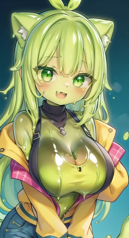 Cute Slime Girl, ((Green Slime)), Beautiful Amber Eyes, Cute fangs, Upper Teeth, Large breasts, Yellow Jacket, Denim shorts, green skin, cute face, close-up, 