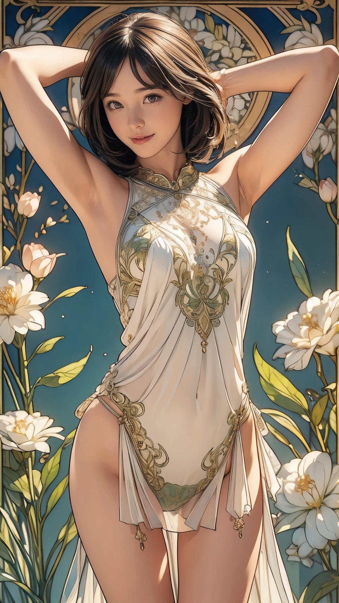 (masterpiece),(Best Quality),(Very detailed),(High resolution),8k,wallpaper,Soft Edge,1 girl,(Show your armpits:1.4, Extremely thin:1.4), Beautiful female arms,A detailed depiction of the hand,The Goddess Stands,Short Bob,Front,look at me,smile,See-through panties:1.5,Mucha-style designs and intricate patterns