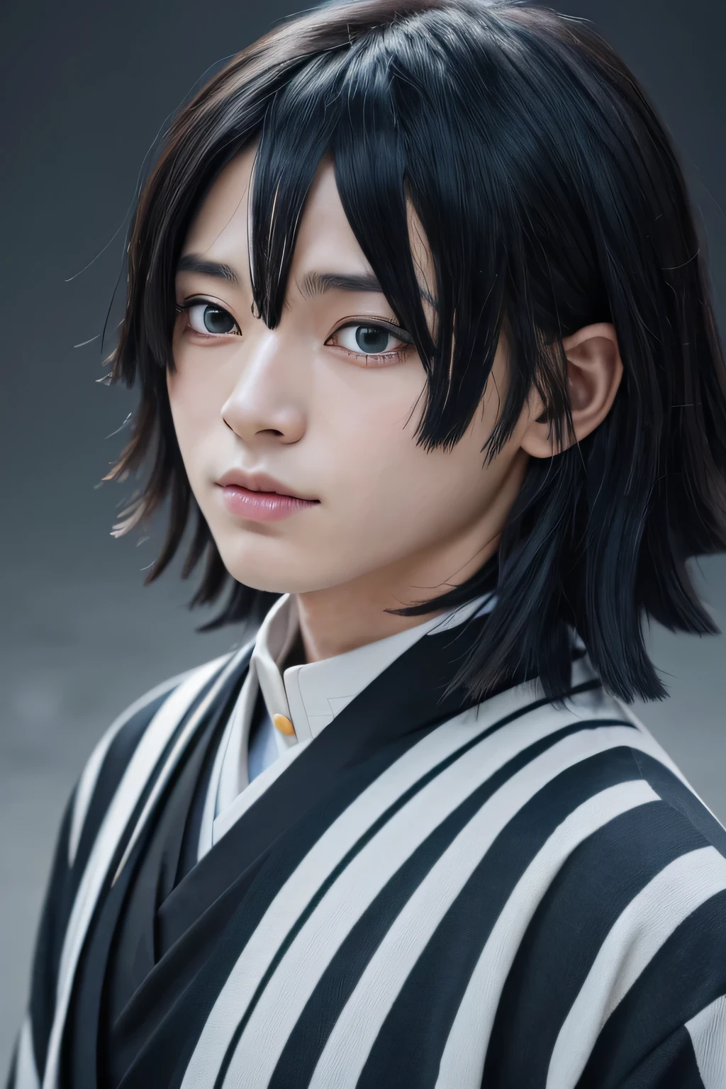 A highly detailed and realistic portrait of Obanai Iguro, a character from the anime Demon Slayer, with an intense and focused expression, beautiful detailed eyes, nose, and lips, long eyelashes, wearing a traditional Japanese uniform, set against a dark, atmospheric background, cinematic lighting, photorealistic, 8k, masterpiece, award-winning digital art