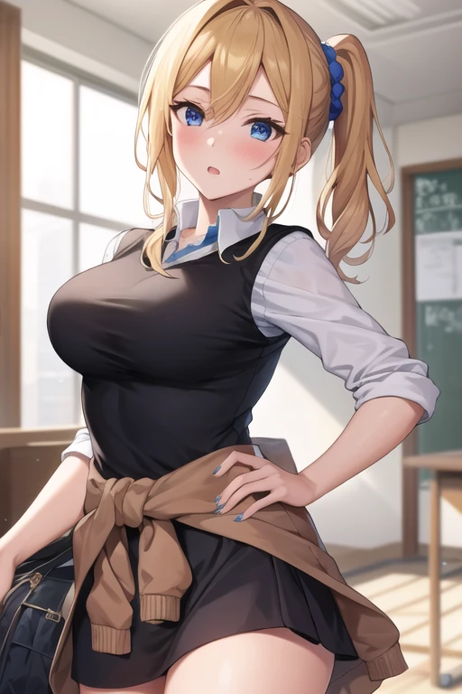 masterpiece, best quality, AiHayasakaV4, 1girl, solo, breasts, looking at viewer, blush, blue eyes, blonde hair, classroom background, shirt, hair ornament, white background, hair between eyes, school uniform, white shirt, nail polish, side ponytail, v, scrunchie, hair scrunchie, blue nails, clothes around waist, blue scrunchie, shuuchiin academy school uniform