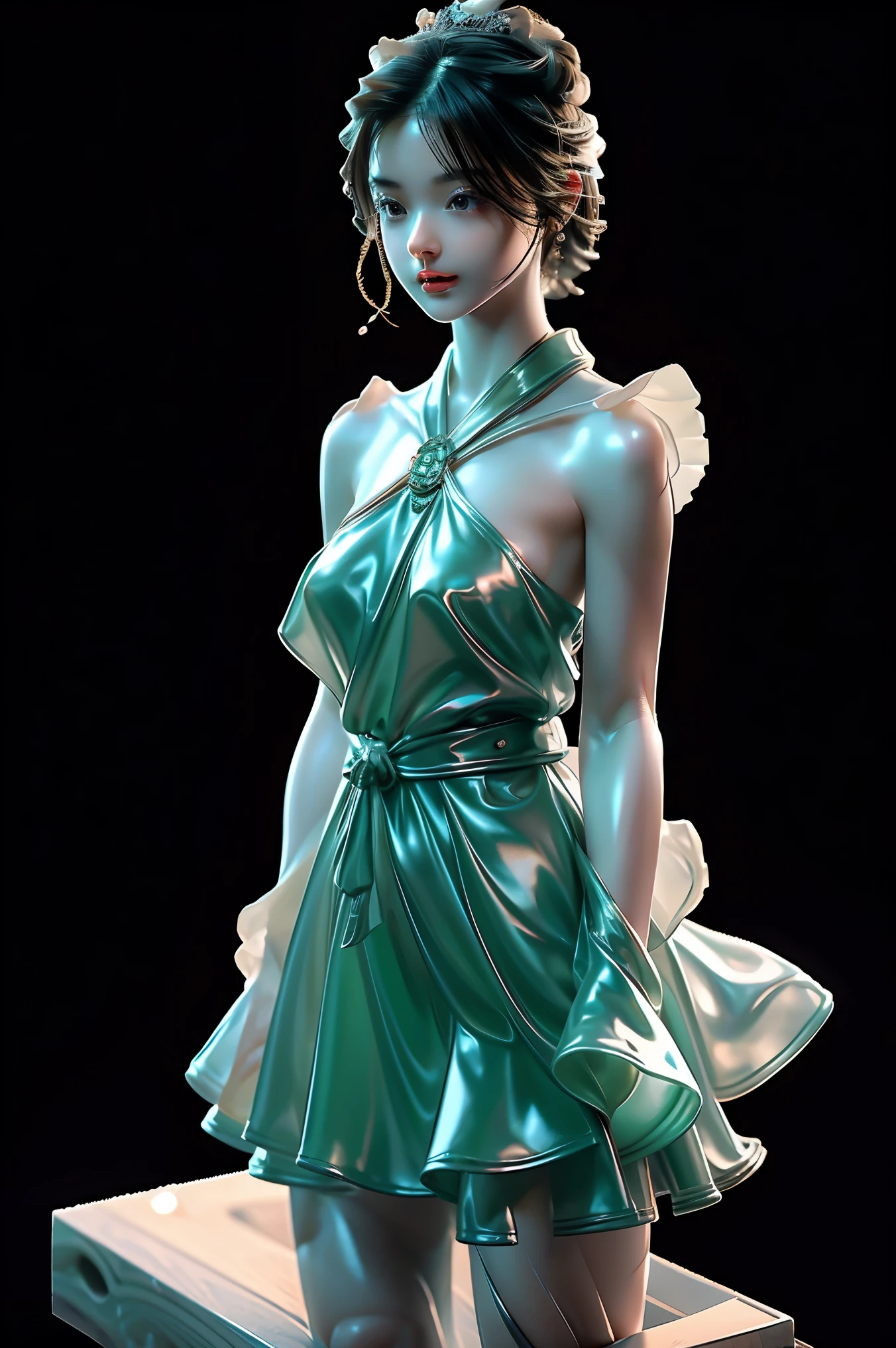 (((HD Photos))), Ultra-high resolution.Realistic: 1.4, masterpiece,Best Quality, Realistic, photoRealistic, (Subtle details), (Cinematic Light, Super sexy short hair,Small breasts、Young face)、((Beautifully dressed figure、Super beautiful girl))、jade jade sculpture