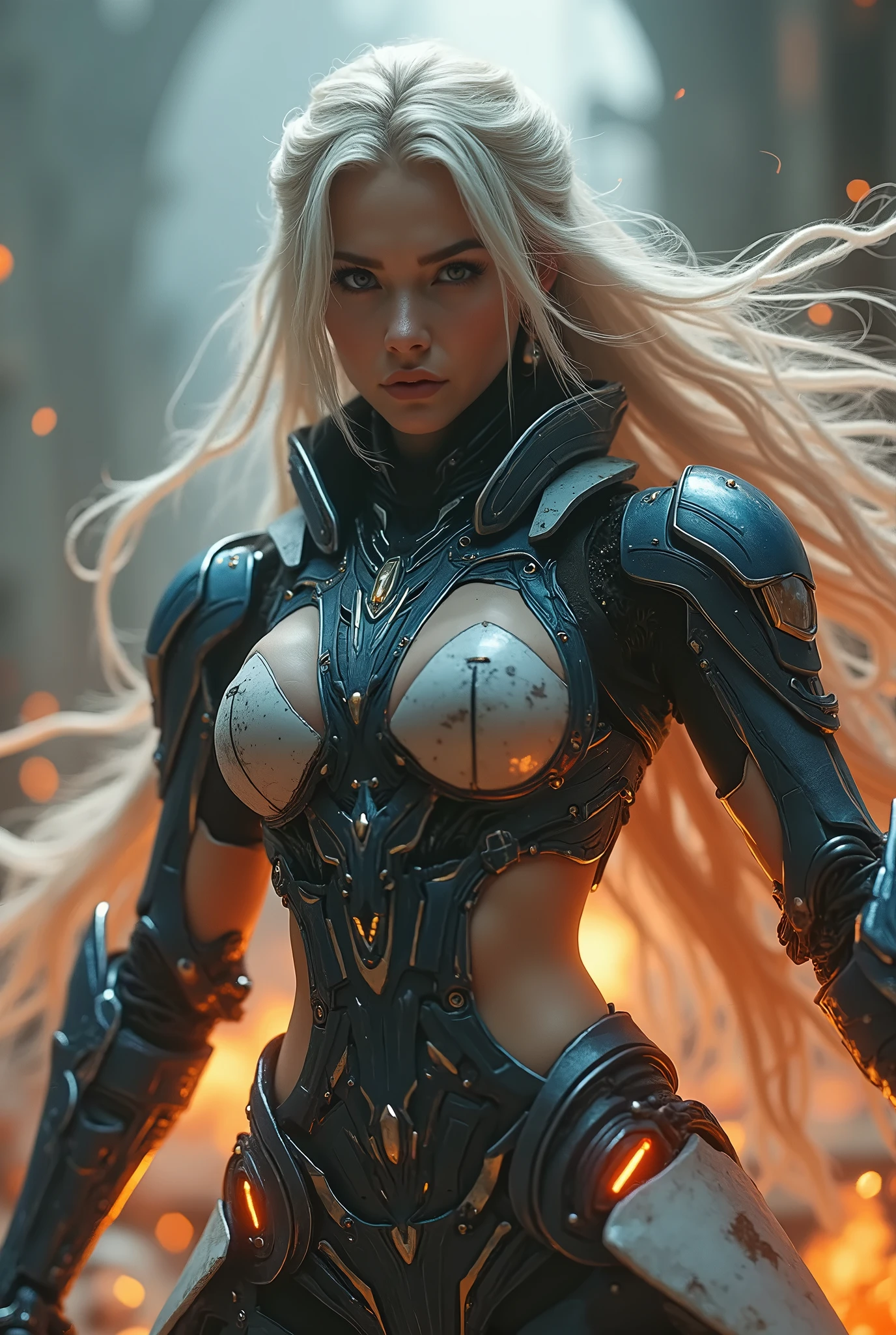 A warrior queen stands poised in an arena, her ashen skin glistening under soft, volumetric lighting. Silver hair cascades down her back, framing her radiant gold and silver eyes that seem to pierce the viewer's soul with seductive intent. Her armor, etched with glowing rainbow circuits, luminescent gold lines, and RGB LED lighting, appears to pulse with energy as she leans on a mysterious object, her head tilted in a subtle invitation. Long fingernails and a fingerless gauntlet accentuate her powerful physique. A swirling vortex of luminous circuitry surrounds her, casting intricate patterns of light upon her armor that seems to shimmer like molten metal. The scene is bathed in warm, hyper-realistic illumination, capturing the interplay between metallic textures and the pulsating rainbow energy of the digital backdrop.