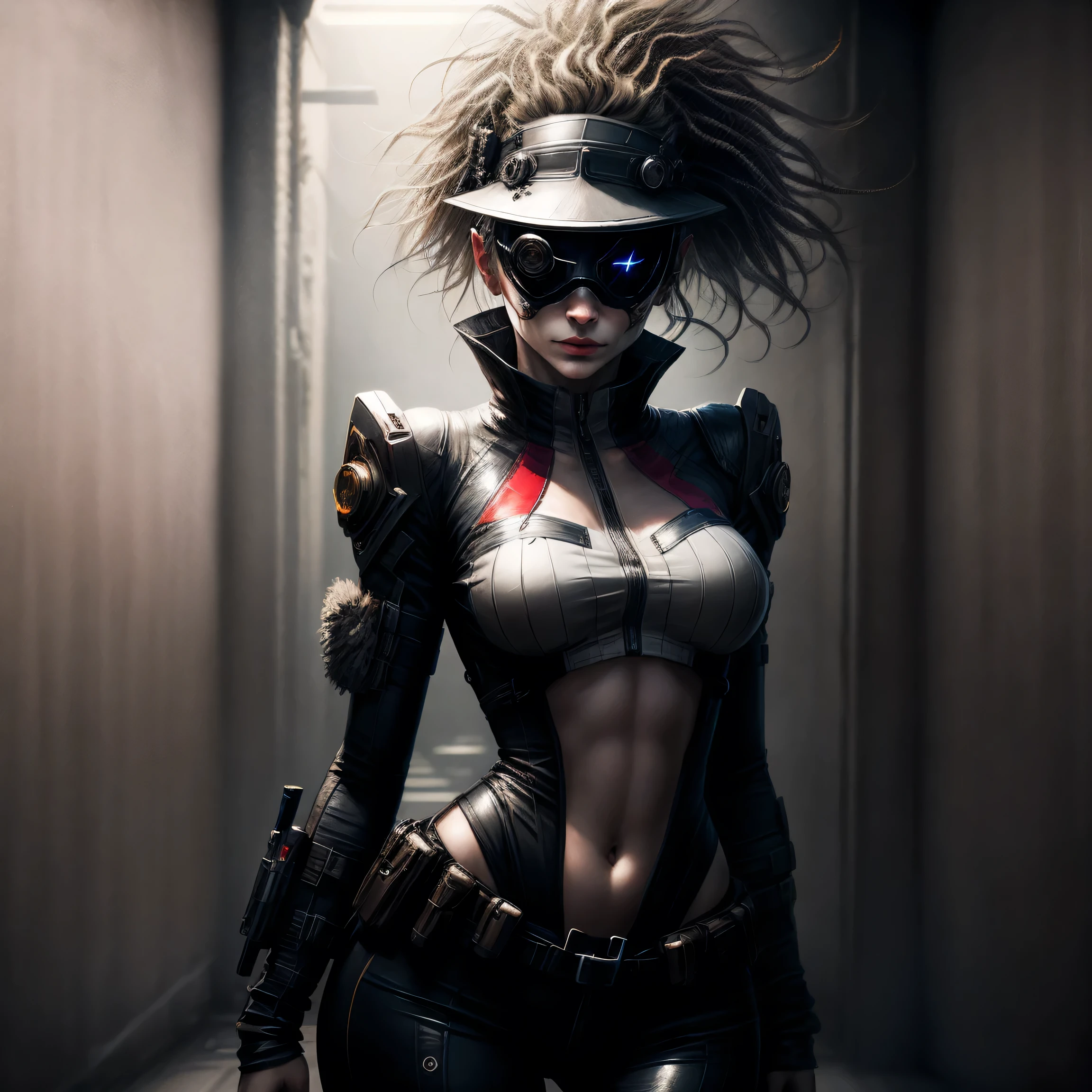 the character for shooter game, perfect clothes and perfect face and body with incredible detail of flexible clothe, fashion , half mask , sun glass, cyber hat , post-apocalyptic themes for character in design, gun in hip, unreal char , art text clothe "JOKER", more detail, "Cate Blanchett", full body view in one shot.
