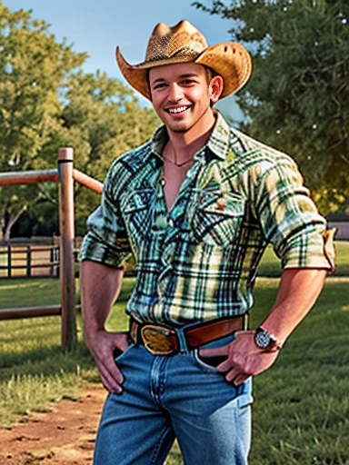 1boy, blond hair, clothes_lift, denim jeans, erection, facial hair, gloves, grass hat, leather belt, looking at viewer, male focus, manly, river road, shirt lift, short hair, smile, solo, straw hat, sweat sweatdrop, unzipped, water