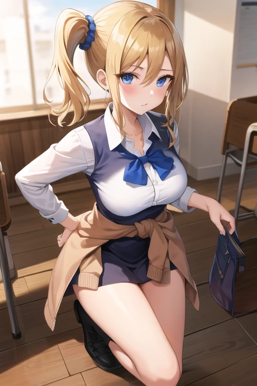 masterpiece, best quality, AiHayasakaV4, 1girl, solo, breasts, looking at viewer, blush, blue eyes, blonde hair, classroom background, shirt, hair ornament, white background, hair between eyes, school uniform, white shirt, nail polish, side ponytail, v, scrunchie, hair scrunchie, blue nails, clothes around waist, blue scrunchie, shuuchiin academy school uniform, full body:1.5,