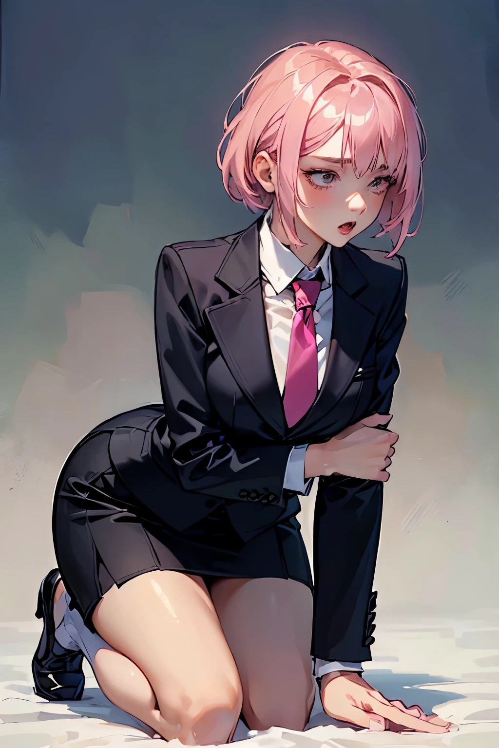 (highest quality:1.2), A 20-years-old girl is kneeling in the buisness office, lean her upper body, looking up the ceil. From front view, a photorealistic cute lady, European face like a doll, exhausted face, open eyes with no emotion, blank eyes, tired face, dark bloody-red lip, open mouth to gasp,Short pink hair, upper body portrait, wearing business suits, wearing tie, wearing skirt.