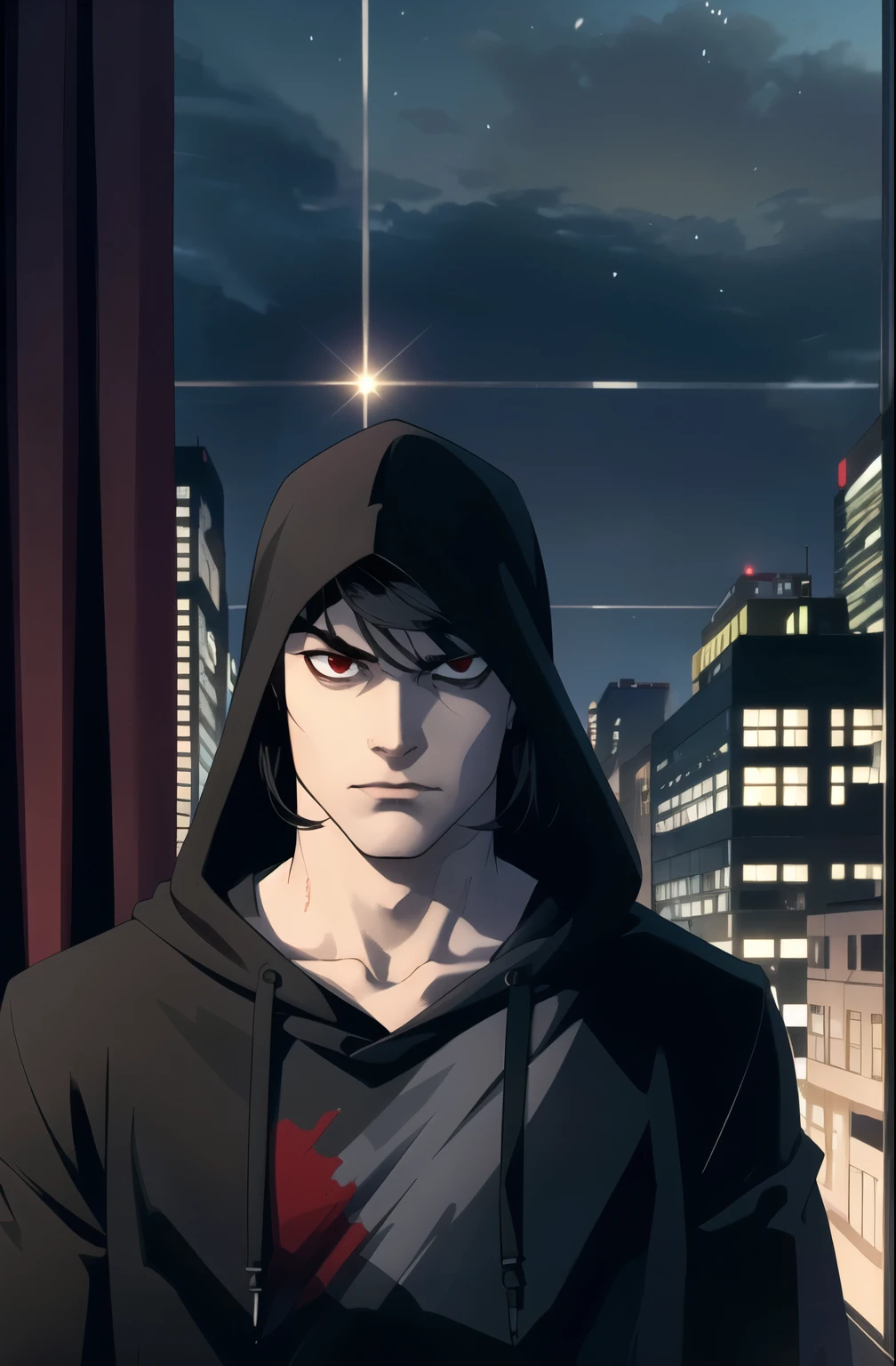 Masterpiece, Best Quality, Ultra-Detailed, 1boy, solo, ager, , skinny, black hair, red eyes, blood eyes, ((pale skin:1.0)), black jacket, black hoodie, black hood, Curtain Bangs hairstyle, mullet, eyebags, dark eyebags, black coat, serious expression, looking at the viewer, city background