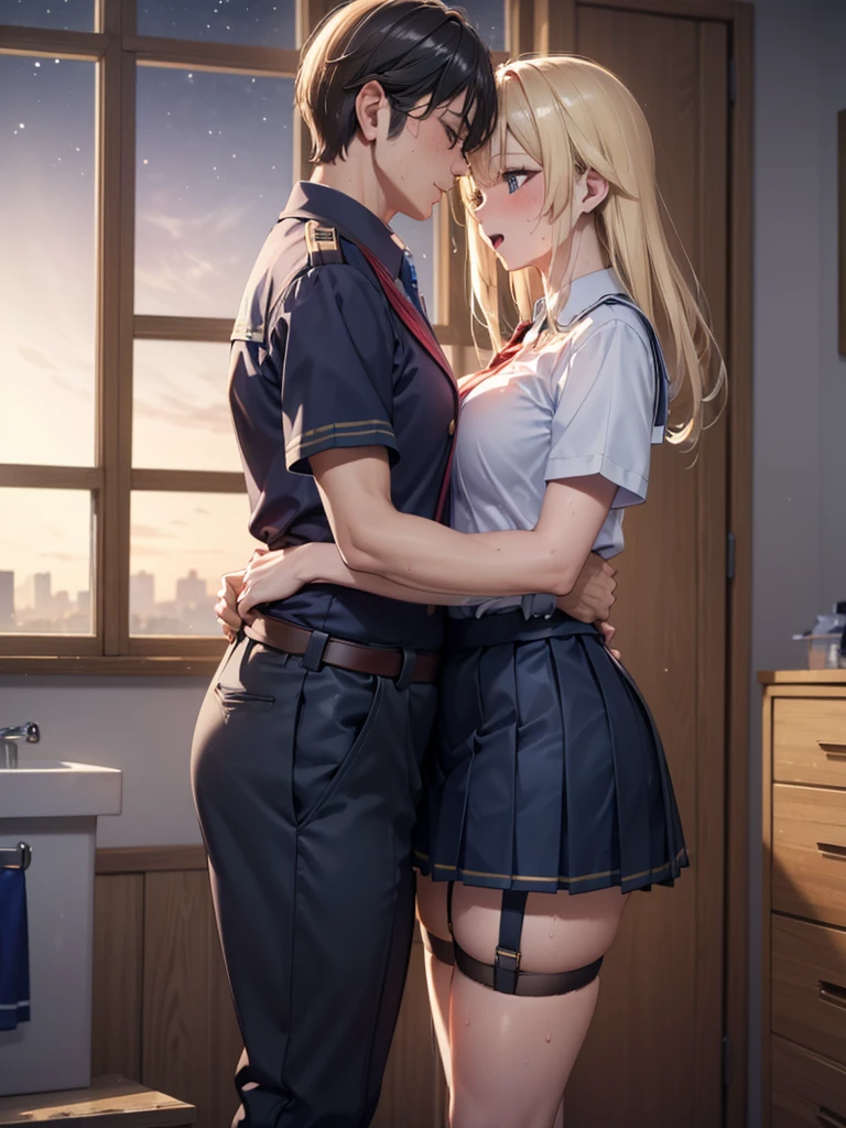 ((Best Quality)), ((masterpiece)), (detailed), One person,Age 25,uniform,student,(mini skirt),(Please open the buttons on your shirt),Shoulder Bare,Red cheeks,Underbust,(I can see your chest),(Excited expression),(Seduce),night,circuit,Dim lighting,(暗いnightの背景),(Dimly lit changing room),(Dirty changing room),Take a closer look,sexy,Side view,Obese older people,(Standing old man),(Old man and woman hugging),sweat,(Black garter belt),Short Hair,