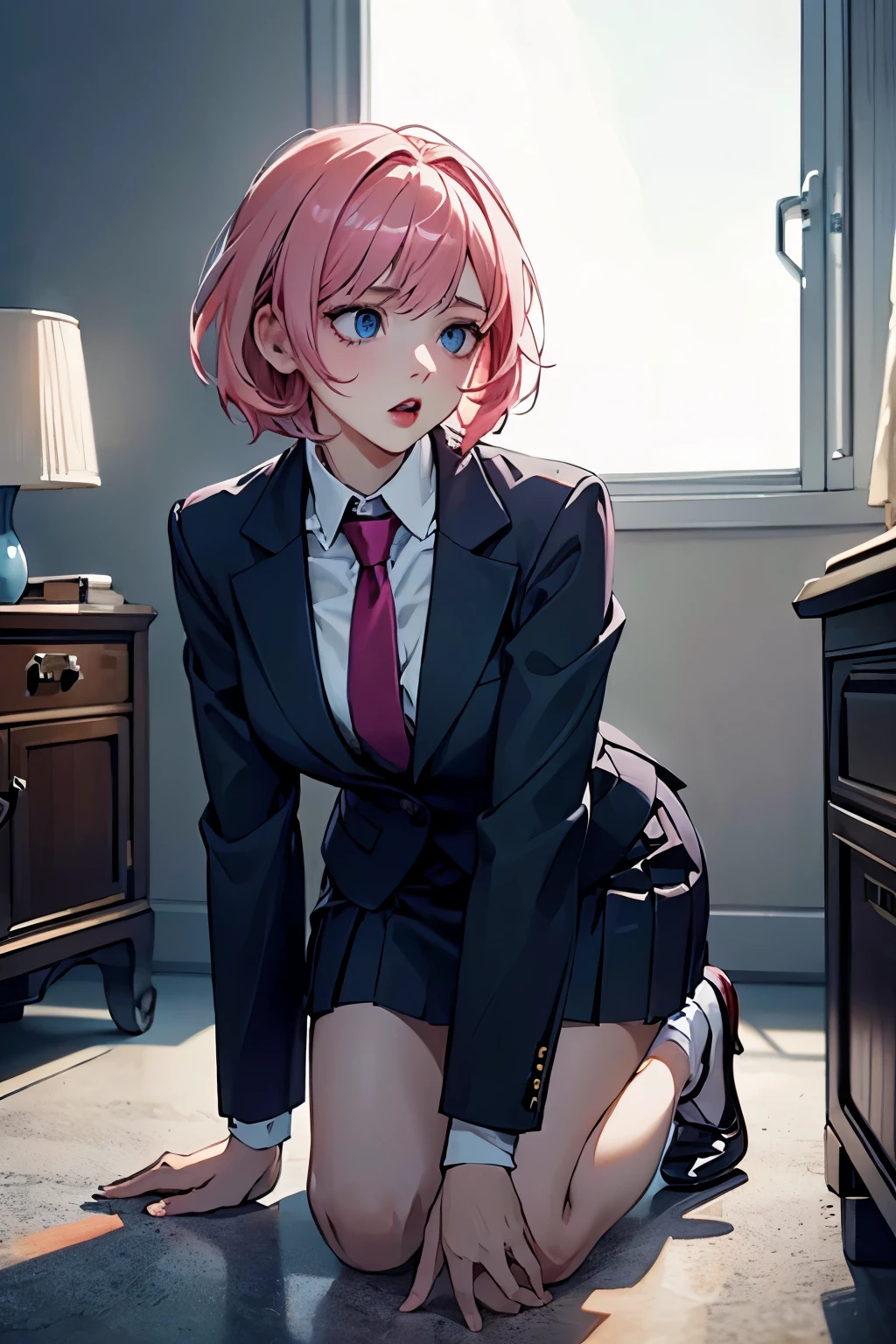 (highest quality:1.2), A 20-years-old girl is kneeling in the buisness office, looking up the ceil with no emotion. From front view, a photorealistic cute lady, European face like a doll, exhausted face, open blue eyes with no emotion, soulless blank eyes, tired face, dark bloody-red lip, open mouth to gasp,Short pink hair, close-up to face, wearing business suits, wearing tie, wearing skirt.