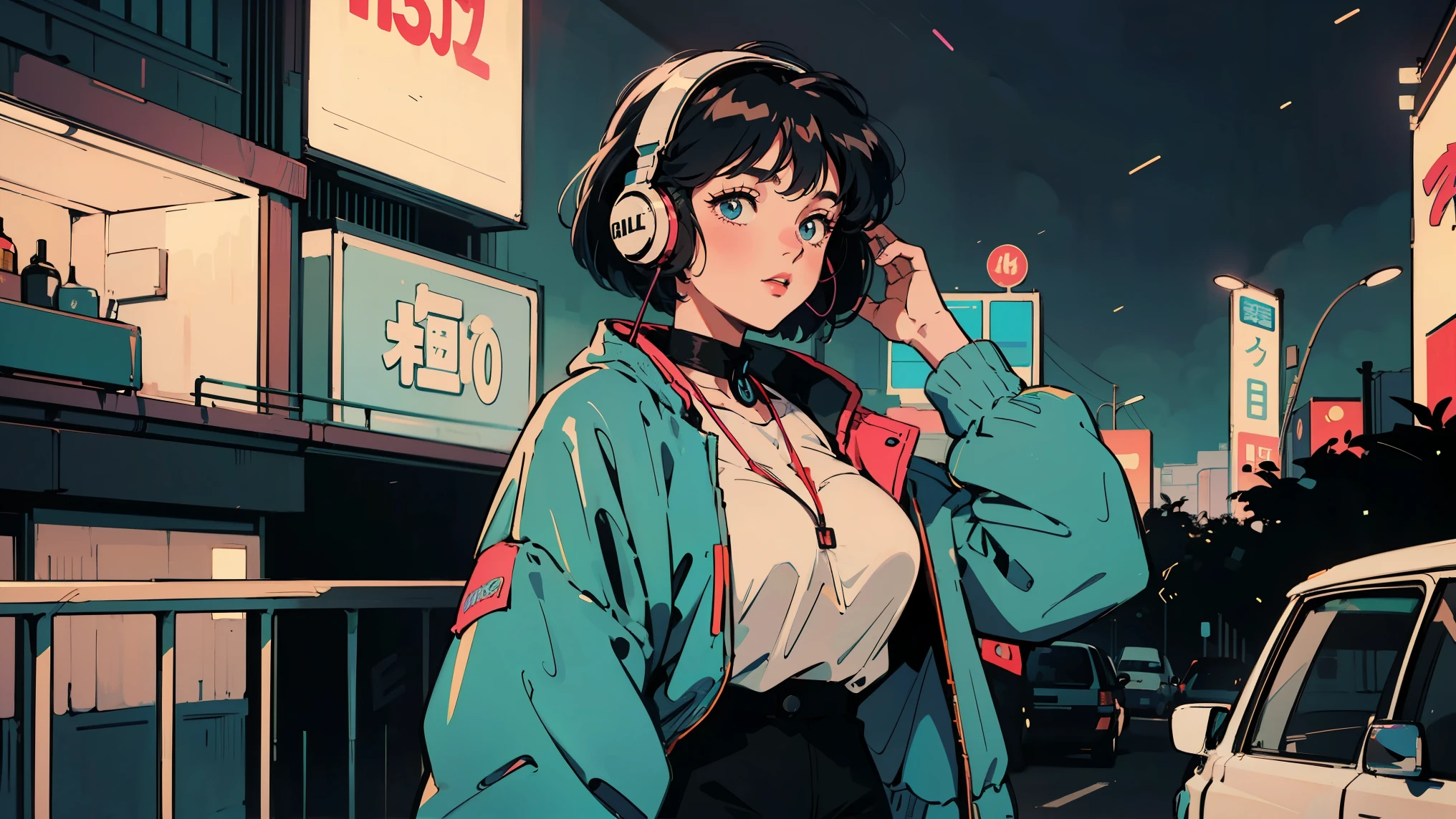 80s Summer night in Tokyo.  girl with bob hair, Colorful hair stands inside, Her curvy figure was accentuated by revealing clothes and shorts.. Large headphones hung around her neck.. She is in her lovely room.. outside, The futuristic cityscape shines brightly. She embodies a fascinating blend of retro and futuristic charm.