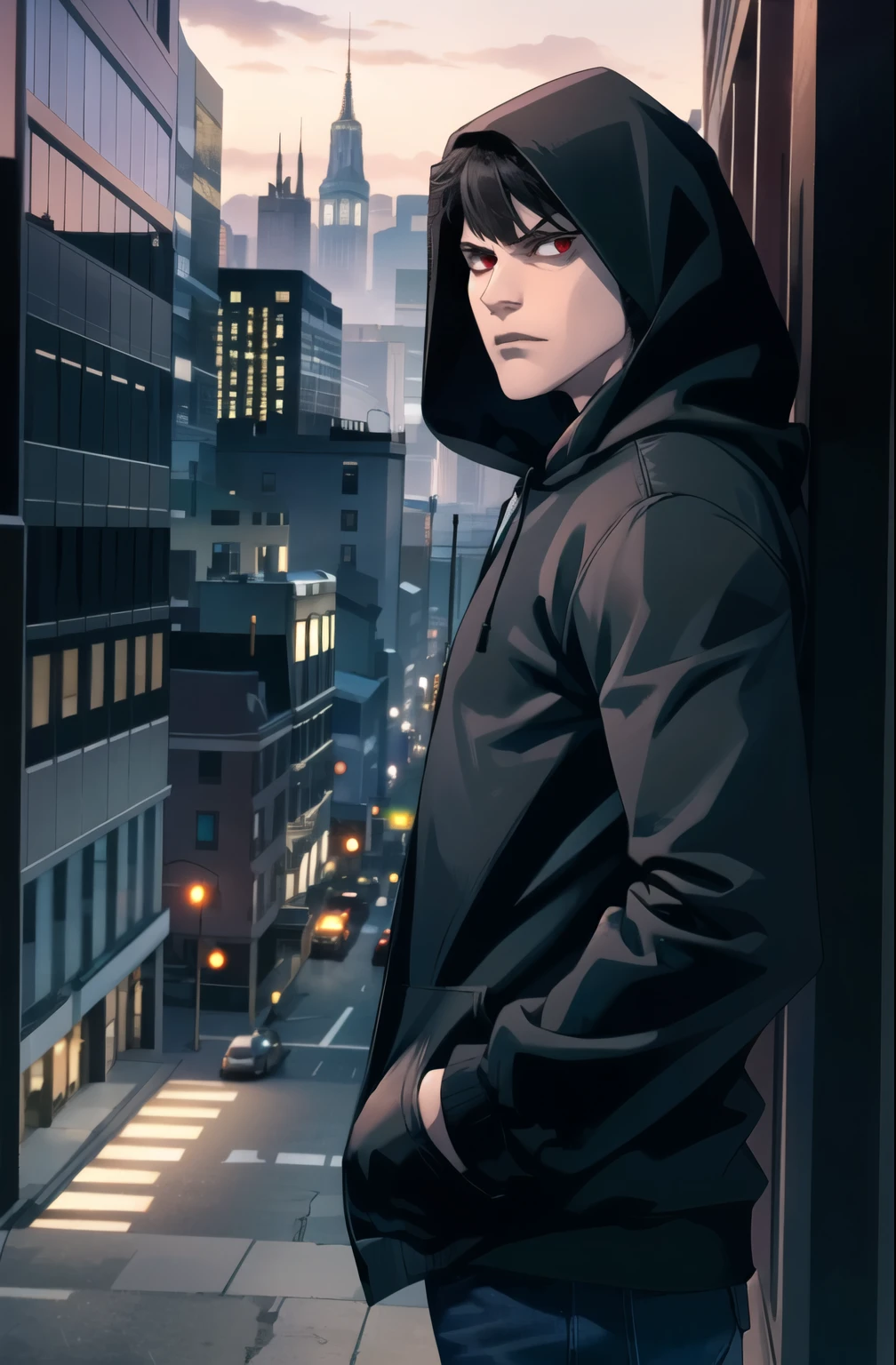 Masterpiece, Best Quality, Ultra-Detailed, 1boy, solo, ager, , skinny, black hair, red eyes, blood eyes, ((pale skin:1.0)), black jacket, black hoodie, black hood, Curtain Bangs hairstyle, mullet, eyebags, dark eyebags, black coat, serious expression, looking at the viewer, city background