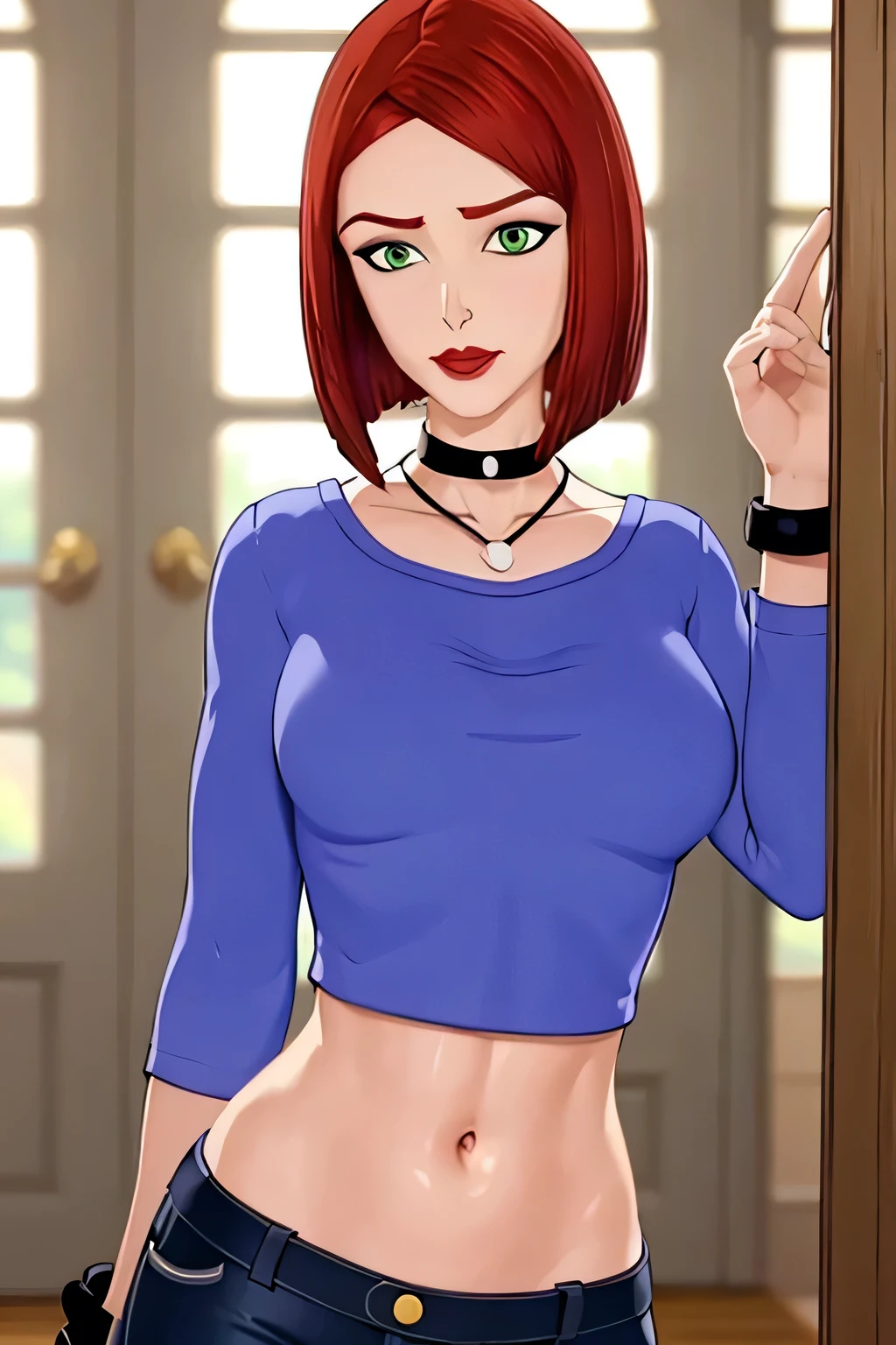 super fine illustration, vibrant colors, masterpiece, sharp focus, best quality, depth of field, looking down, cinematic lighting, ultra detailed, solo, 1girl, bellybutton, navel, tummy, choker, jewelry, necklace, black choker, blue shirt, crop top, long sleeves, black_pants, jeans, long pants, wristband, red hair, short hair, green eyes, makeup, lipstick, red lips, bob cut, lips, mature woman, indoors, small breasts, CARTOON_merry_jane_watson_SMTAS_ownwaifu, www.ownwaifu.com, hips, midriff, slim, slender, annoyed, hand on own stomach, blush