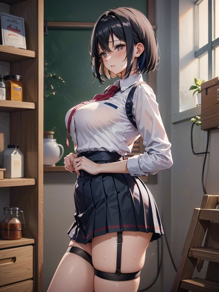 ((Best Quality)), ((masterpiece)), (detailed), One person,Age 25,uniform,student,(mini skirt),(Please open the buttons on your shirt),Shoulder Bare,Red cheeks,Underbust,(I can see your chest),(Excited expression),(Seduce),night,circuit,Dim lighting,(暗いnightの背景),(Dimly lit changing room),(Dirty changing room),Take a closer look,sexy,Side view,Obese older people,(Standing old man),(Old man and woman hugging),sweat,(Black garter belt),Short Hair,