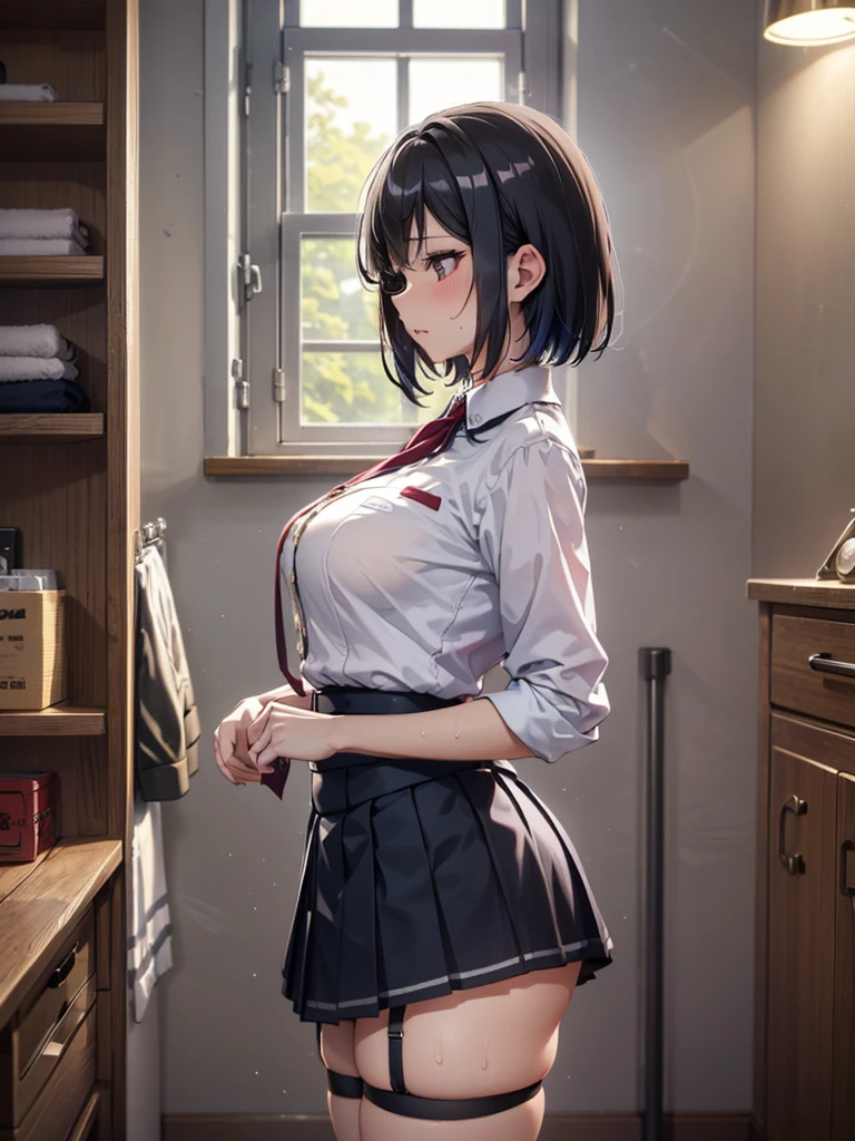 ((Best Quality)), ((masterpiece)), (detailed), One person,Age 25,uniform,student,(mini skirt),(Please open the buttons on your shirt),Shoulder Bare,Red cheeks,Underbust,(I can see your chest),(Excited expression),(Seduce),night,circuit,Dim lighting,(暗いnightの背景),(Dimly lit changing room),(Dirty changing room),Take a closer look,sexy,Side view,Obese older people,(Standing old man),(Old man and woman hugging),sweat,(Black garter belt),Short Hair,