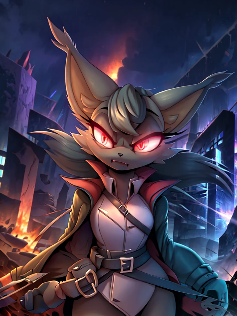 1 girl, 8 k, ArtStation, ((masterpiece)), depth of field, face portrait, (cat ears), very shady, glowing red eyes, Dark, Night, very dark, emerging from Dark, angry expression, (shot in action), cinematic, fingerless gloves, Trench coat, remote explosions, ruined cityscape, Background of ruins, directed at the viewer, Pointing upwards