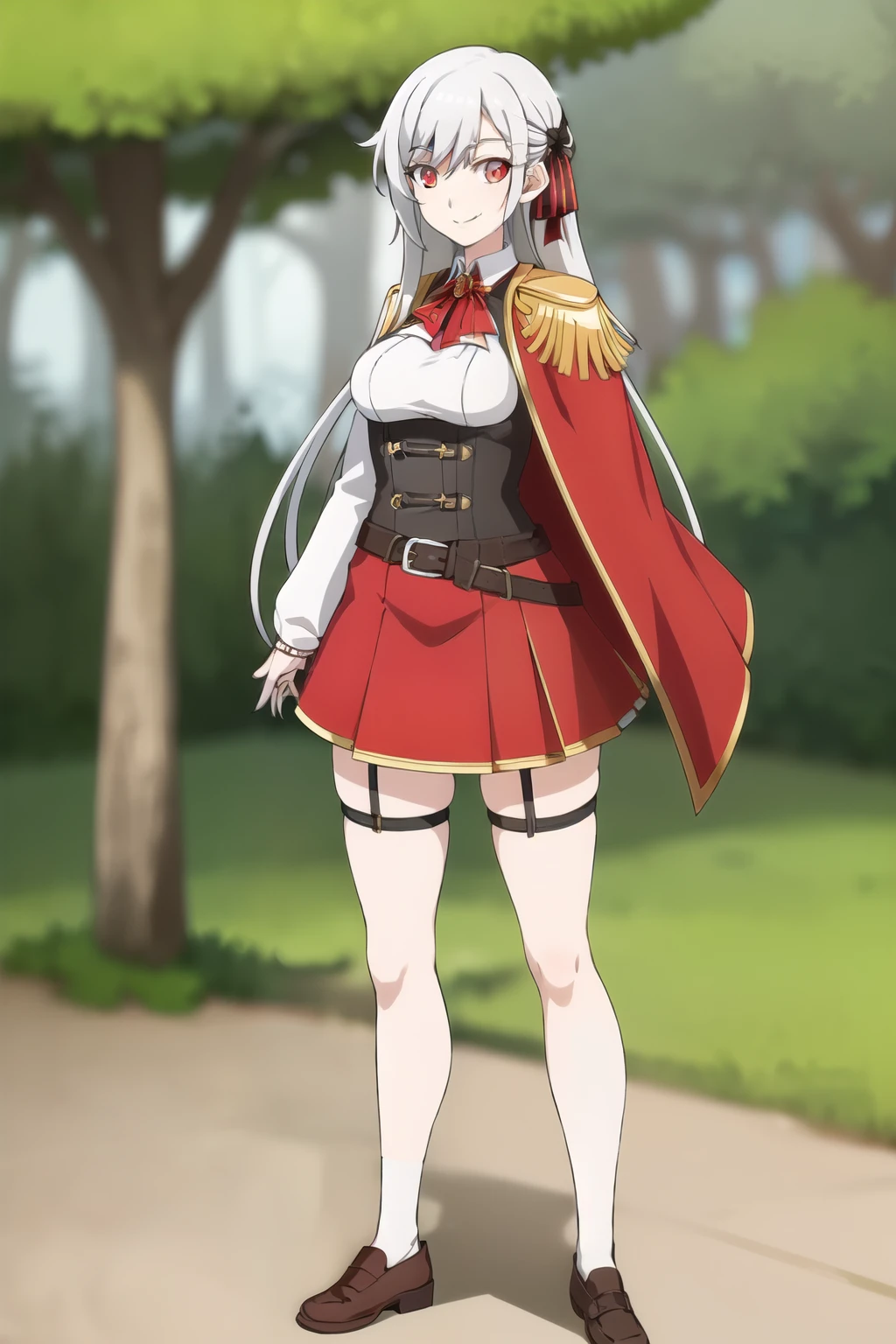 Masterpiece, better_quality, 1 girl, little_breasts, English, white_Hair, long_Hair, red_eyes, red-yellow_Cloak, skirt, white_socks, shoes, uniform, negro_Hairpin, red_bow_Atar, smile, forest, ultra detailed