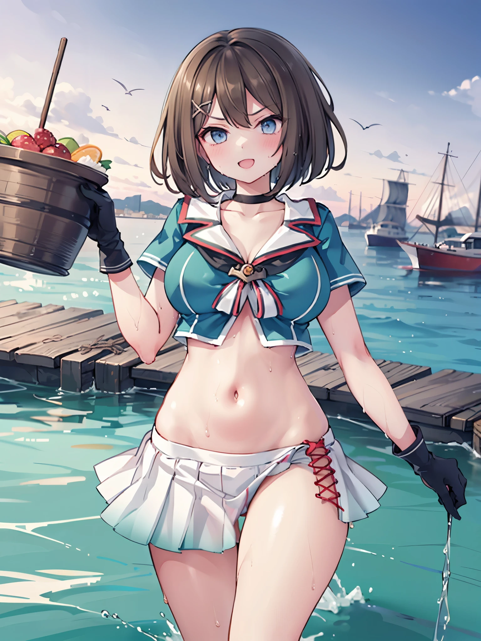 1young__ girl, , brown_hair, medium_bob_hair, blue_midriff_baring_sailor_uniform, mini_skirt, short_sleeve, thighs, gigantic_breasts, angry, smile,nihil,standing, harbor_background, slightly_spread_Legs, happiness, short_gloves, wet,,covered_nipples, covered_crotch,Maya_flag,