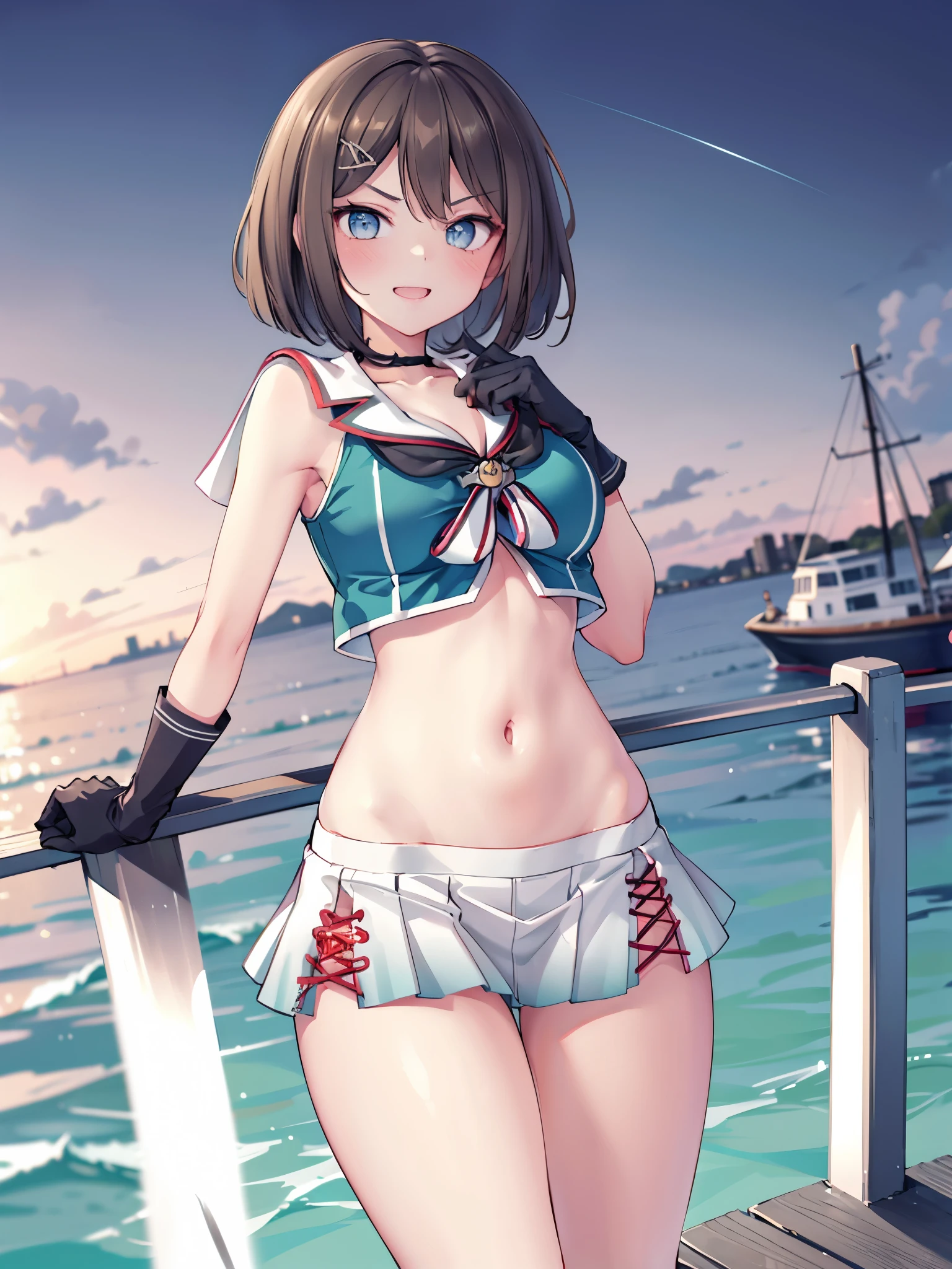 1young_teen_ girl, , brown_hair, medium_bob_hair, blue_midriff_baring_sailor_uniform, mini_skirt, short_sleeve, thighs, gigantic_breasts, angry, smile,nihil,standing, harbor_background, slightly_spread_Legs, happiness, short_gloves,