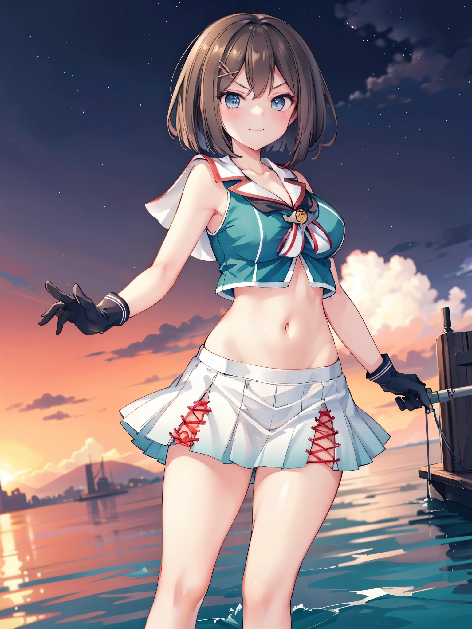 1young__ girl, , brown_hair, medium_bob_hair, blue_midriff_baring_sailor_uniform, mini_skirt, short_sleeve, thighs, gigantic_breasts, angry, smile,nihil,standing, harbor_background, slightly_spread_Legs, happiness, short_gloves,