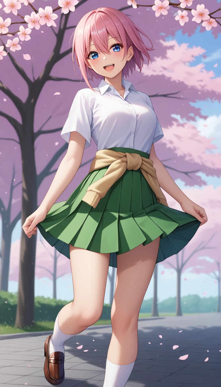 score_9, score_8_up, score_7_up,score_6_up, score_5_up, score_4_up , 1girl, solo, ichika nakano, short hair, bangs, blue eyes, hair between eyes, pink hair,, skirt, shirt, school uniform, white shirt, short sleeves, pleated skirt, socks, collared shirt, sweater, white socks, green skirt, loafers, clothes around waist, happy, dancing, cowboy shot, cherry blossom background