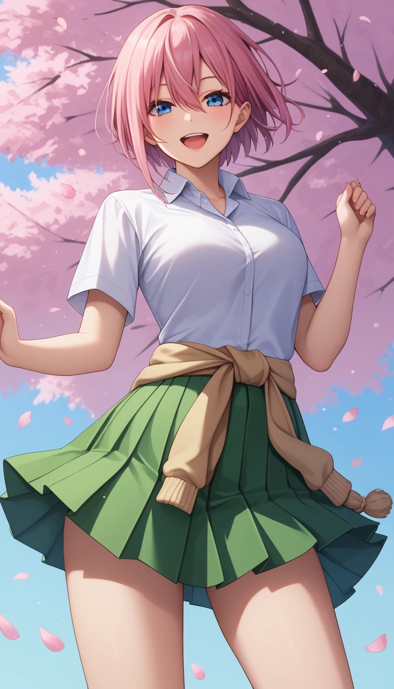 score_9, score_8_up, score_7_up,score_6_up, score_5_up, score_4_up , 1girl, solo, ichika nakano, short hair, bangs, blue eyes, hair between eyes, pink hair,, skirt, shirt, school uniform, white shirt, short sleeves, pleated skirt, socks, collared shirt, sweater, white socks, green skirt, loafers, clothes around waist, happy, dancing, cowboy shot, cherry blossom background