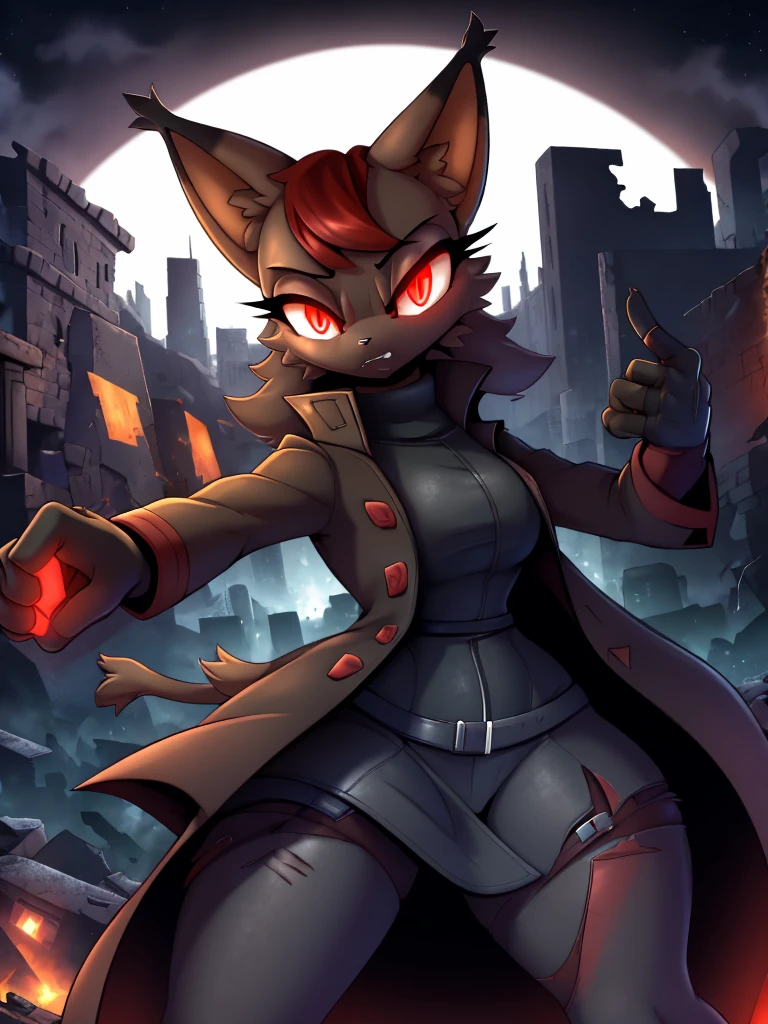 1 girl, 8 k, ArtStation, ((masterpiece)), depth of field, face portrait, (cat ears), very shady, glowing red eyes, Dark, Night, very dark, emerging from Dark, angry expression, (shot in action), cinematic, fingerless gloves, Trench coat, remote explosions, ruined cityscape, Background of ruins, directed at the viewer, Pointing upwards