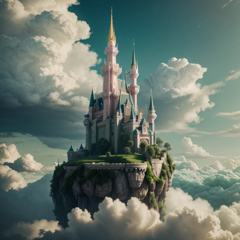 Epic CG matte painting, wide view, pale green clouds, Disney castle, garden full of flowers on the clouds, a few drops of water falling from the clouds, a sea of pale green roses, HD images, Unreal Engine, ArtStation 4k HD trend, close up 