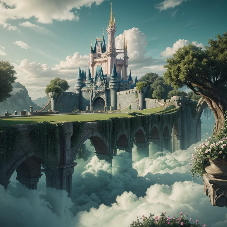 Epic CG matte painting, wide view, pale green clouds, Disney castle, garden full of flowers on the clouds, a few drops of water falling from the clouds, a sea of pale green roses, HD images, Unreal Engine, ArtStation 4k HD trend, close up 