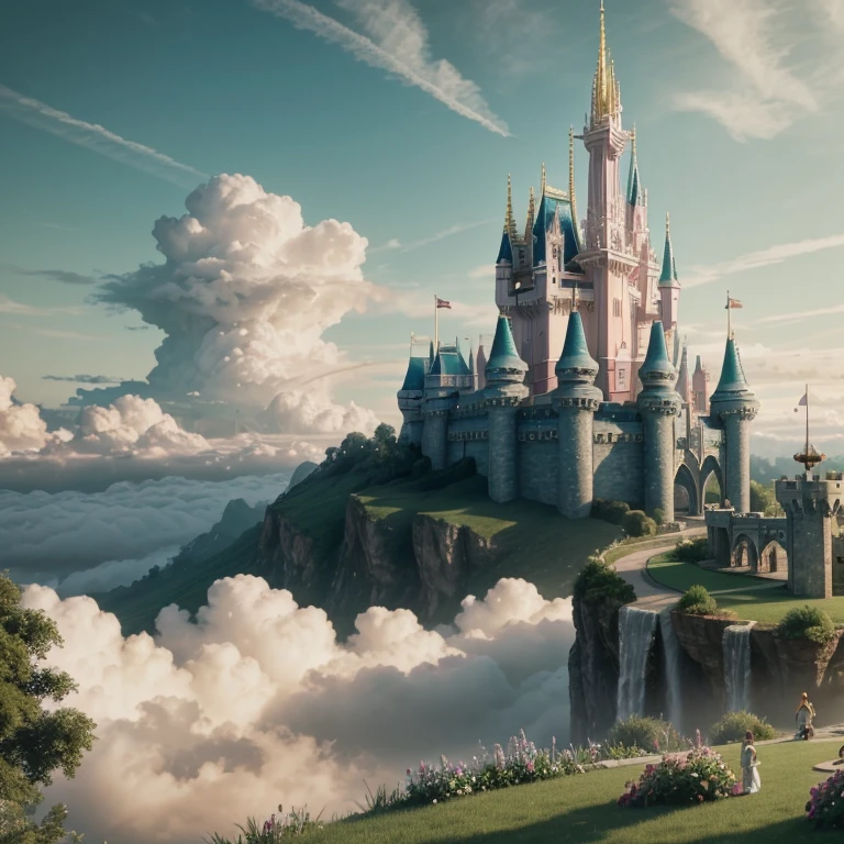 Epic CG matte painting, wide view, pale green clouds, Disney castle, garden full of flowers on the clouds, a few drops of water falling from the clouds, a sea of pale green roses, HD images, Unreal Engine, ArtStation 4k HD trend, close up 